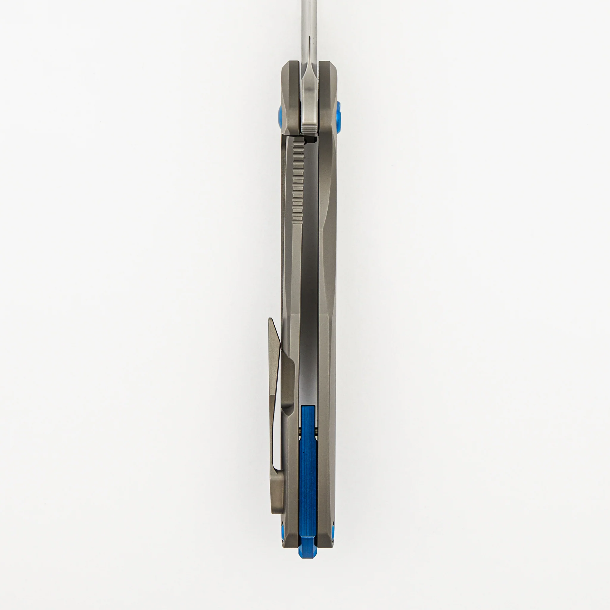 Arius - Smooth Titanium Handle - Blue Hardware - Burnished W/ Polished Flats M390 Blade - Image 6