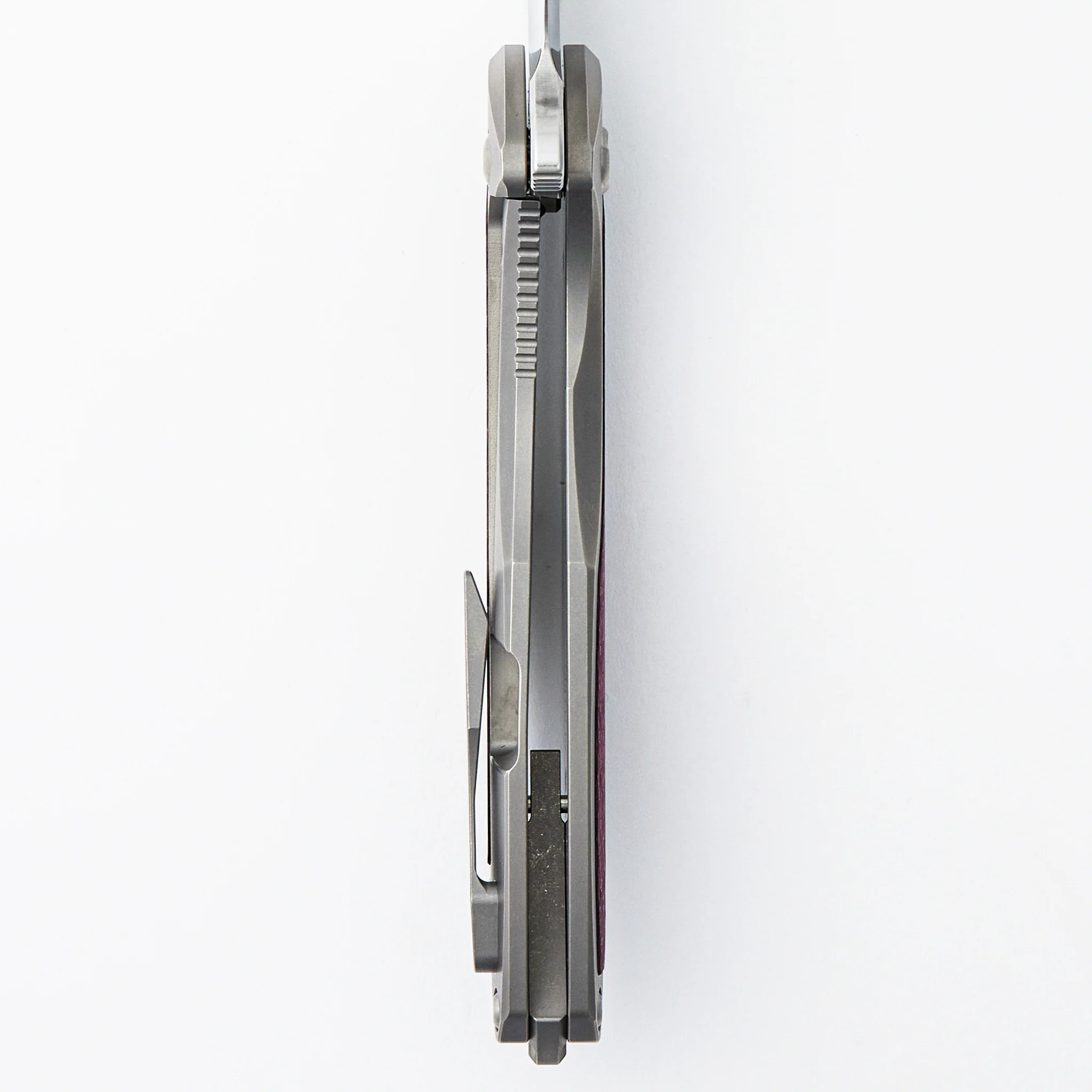 Arius - Smooth Titanium Handle W/ Cherry Twill Inlay - Silver Hardware - Brightwashed w/ Polished Flats M390 Blade - Image 6