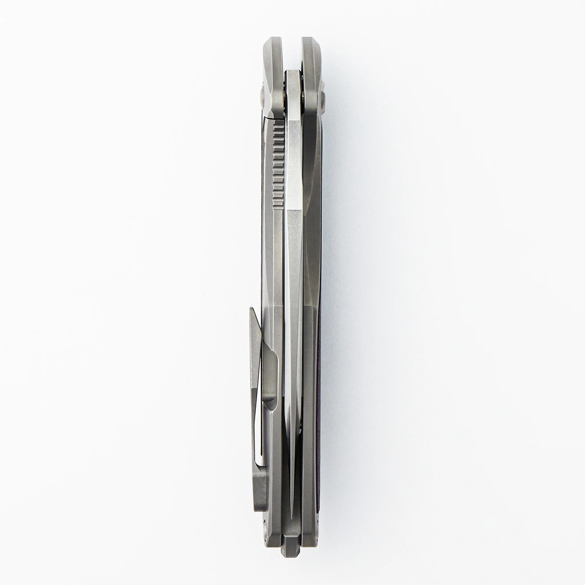 Arius - Smooth Titanium Handle W/ Purple Twill Inlay - Silver Hardware - Brightwashed w/ Polished Flats M390 Blade - Image 5