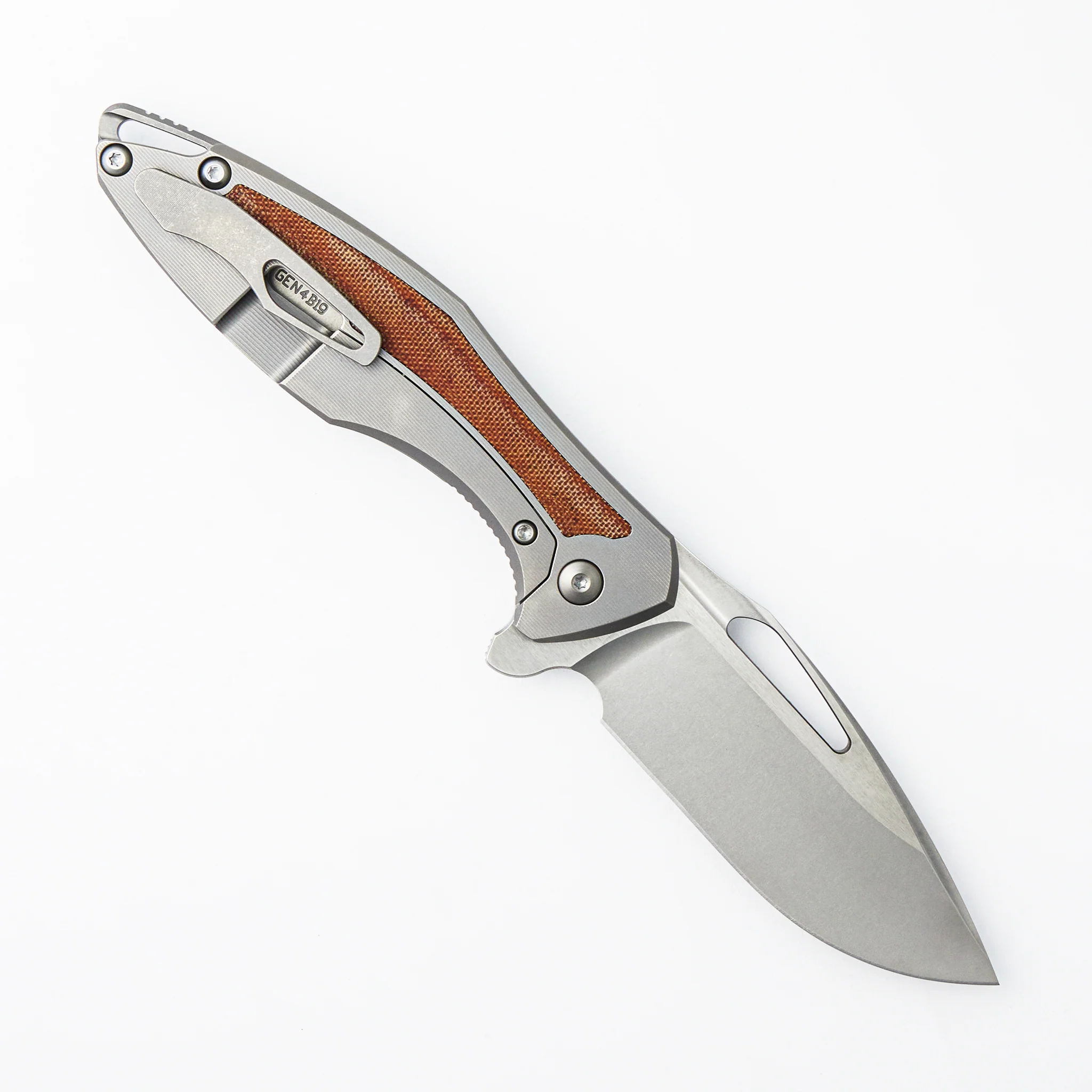 Arius - Smooth Titanium Handle W/ Tan Micarta Inlay - Silver Hardware - Burnished w/ Polished Flats M390 Blade - Image 2
