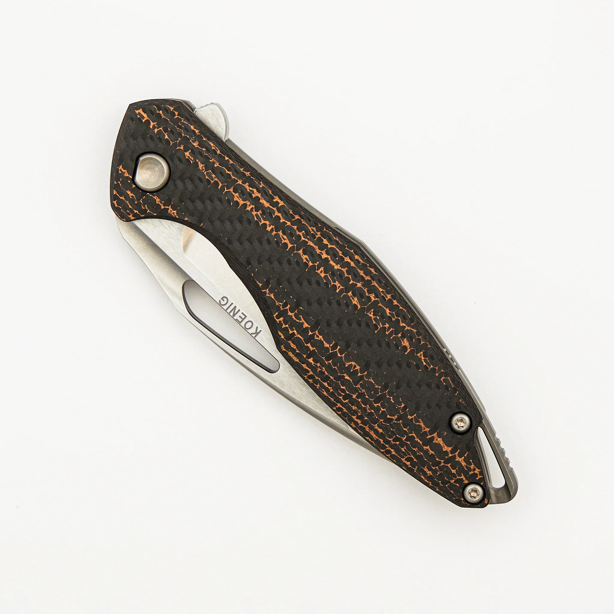 Arius - Smooth Woven Copper Carbon Fiber/Titanium Handle - Silver Hardware - Brightwashed W/ Polished Flats 20CV Blade - Image 3