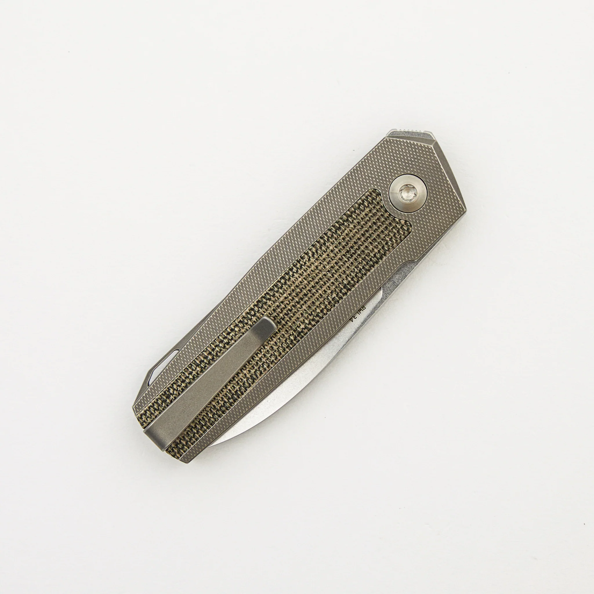 ARN - Grey/Satin - Titanium Handle - Green Canvas Micarta Inlays - RWL34 Blade - #122 - Image 4