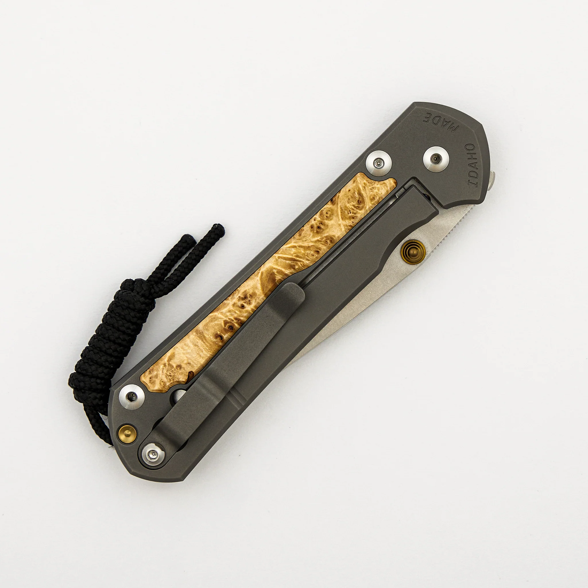Large Sebenza 31 - Box Elder Inlay - Drop Point CPM MagnaCut Blade - Gold Double Thumb Lugs - Image 4