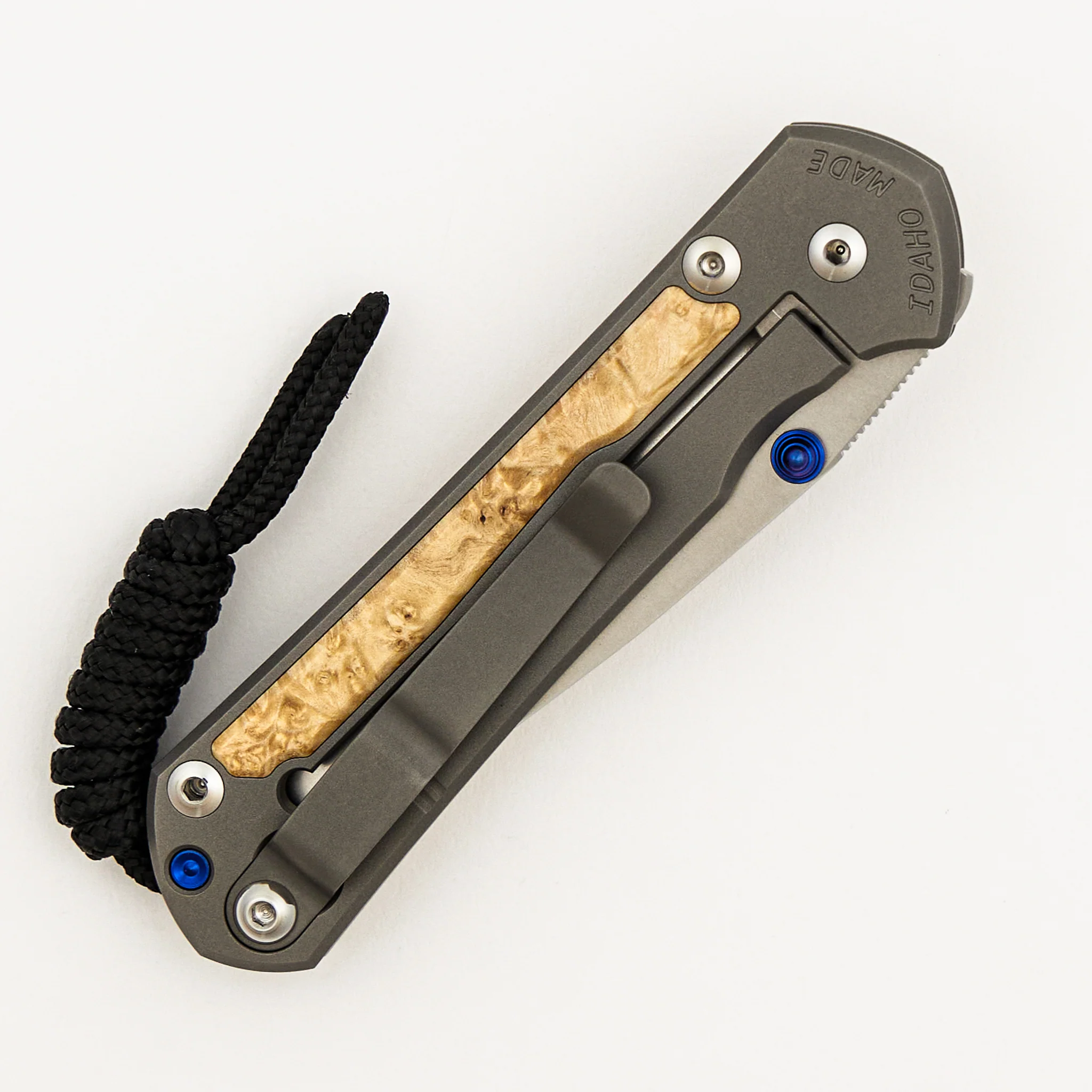 Small Sebenza 31 Box Elder Inlay - CPM MagnaCut Blade - Blue Double Thumb Lugs - Image 4