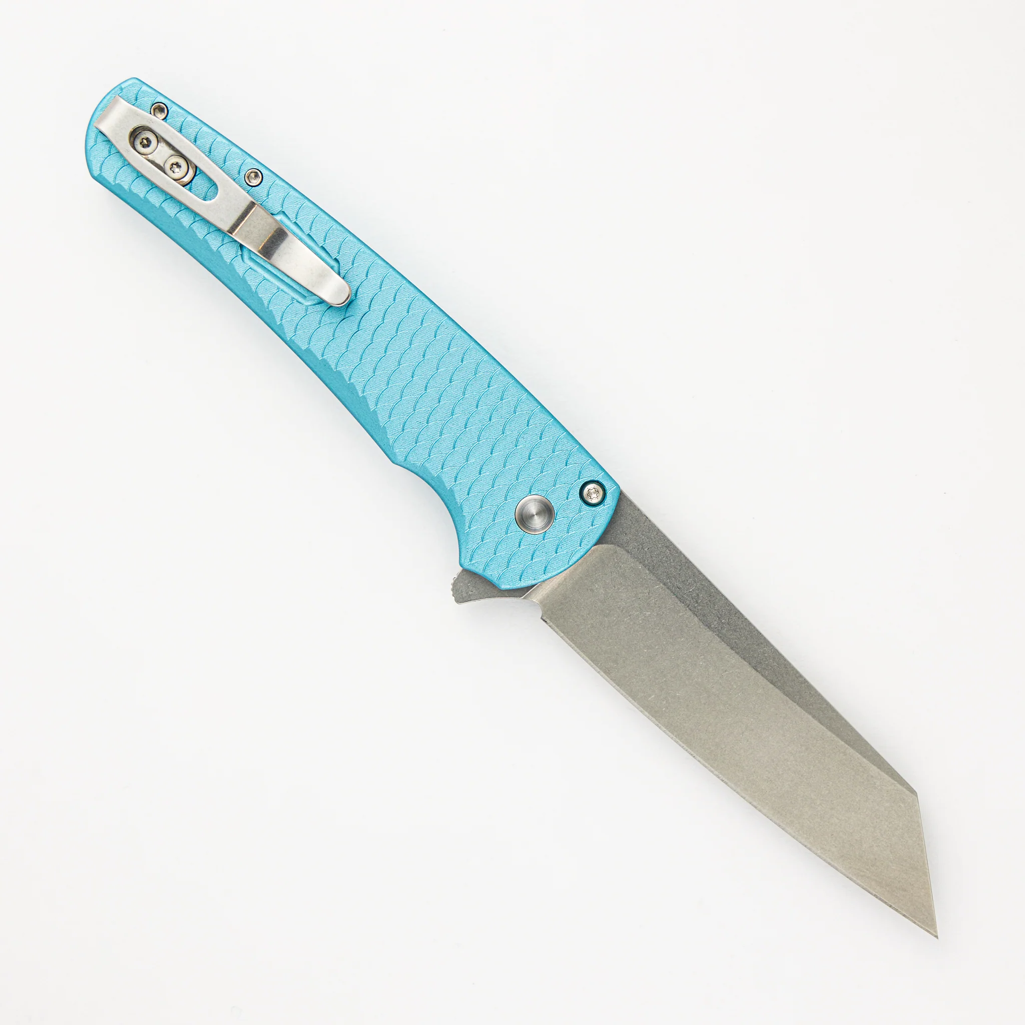 Malibu Flipper Prototype - CCKS Fall 2023 Exclusive - Tiff. Blue Dragonscale Al Handle - Stonewashed CPM 20CV Reverse Tanto Blade - Pearl Button - Image 2