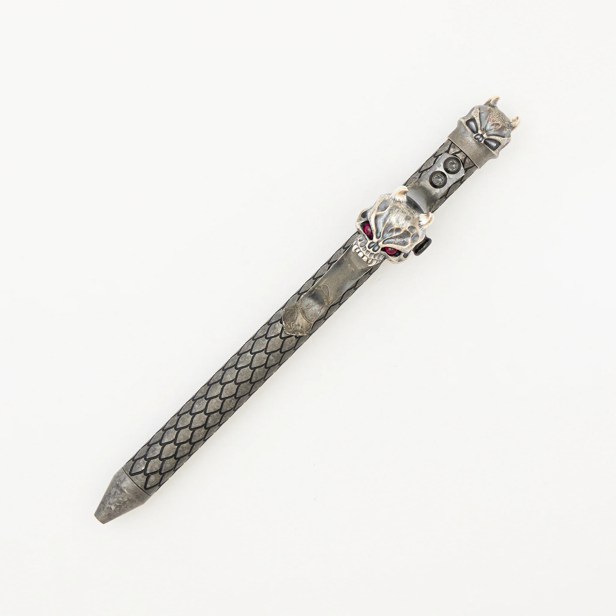 Cptn Axel Full Size TiBolt Pen - CrystalTi W/ Zirconium Accents - Steel Flame Silver Hard Hannya W/ Red Eyes Pocket Clip - Steel Flame Cap