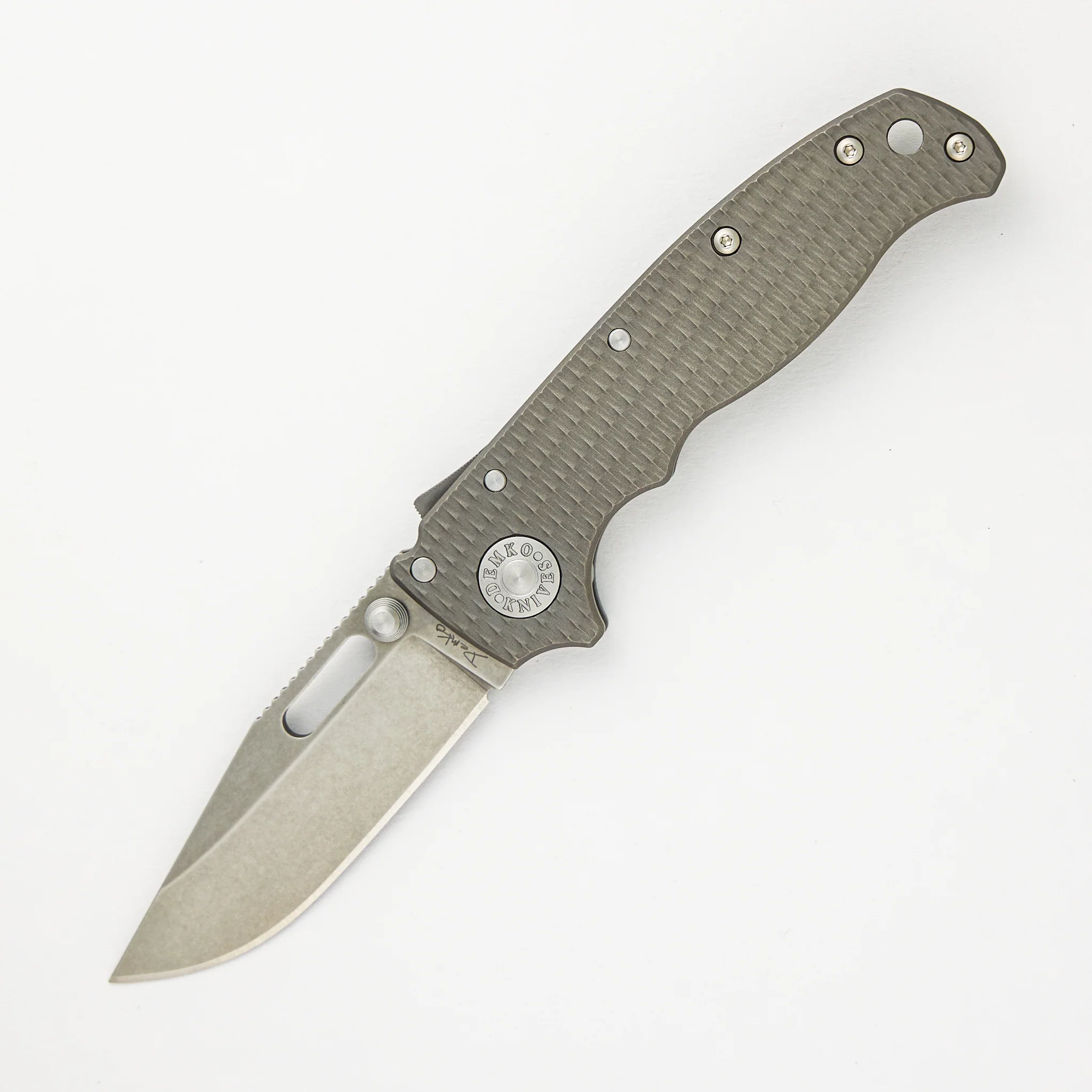 AD20.5 20CV Milled Textured Titanium Handle Clip Point Stonewash Blade