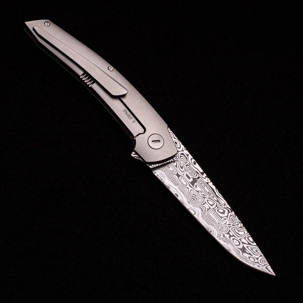 Model T – Damasteel Blade – TI W- Silver – Black Micarta Inlay - Image 2