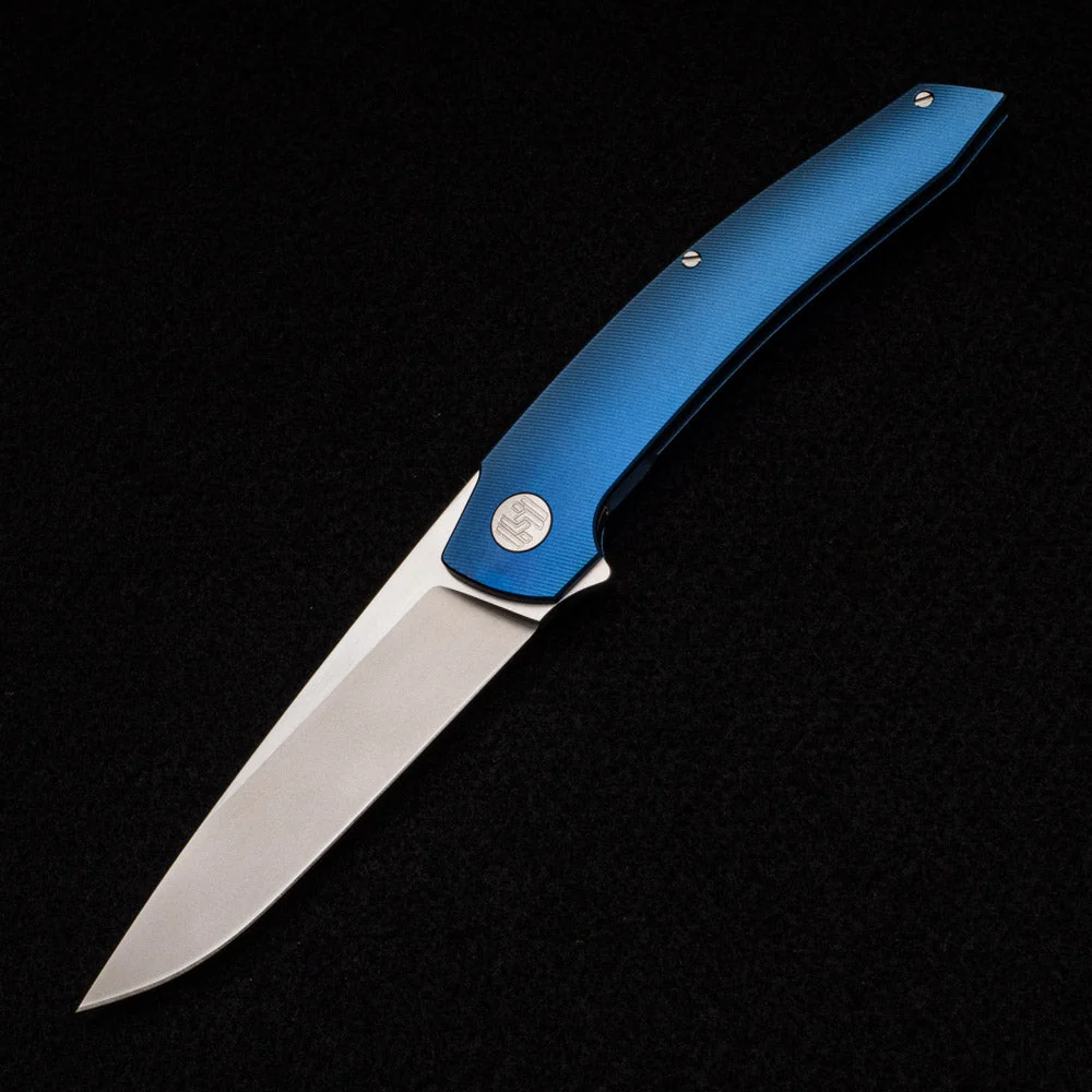 Model T – M390 BLADE W- SATIN FLATS – BLUE TI W- SILVER