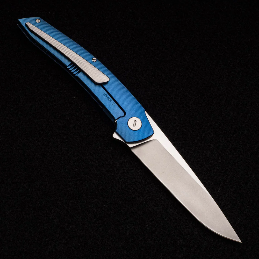 Model T – M390 BLADE W- SATIN FLATS – BLUE TI W- SILVER - Image 2