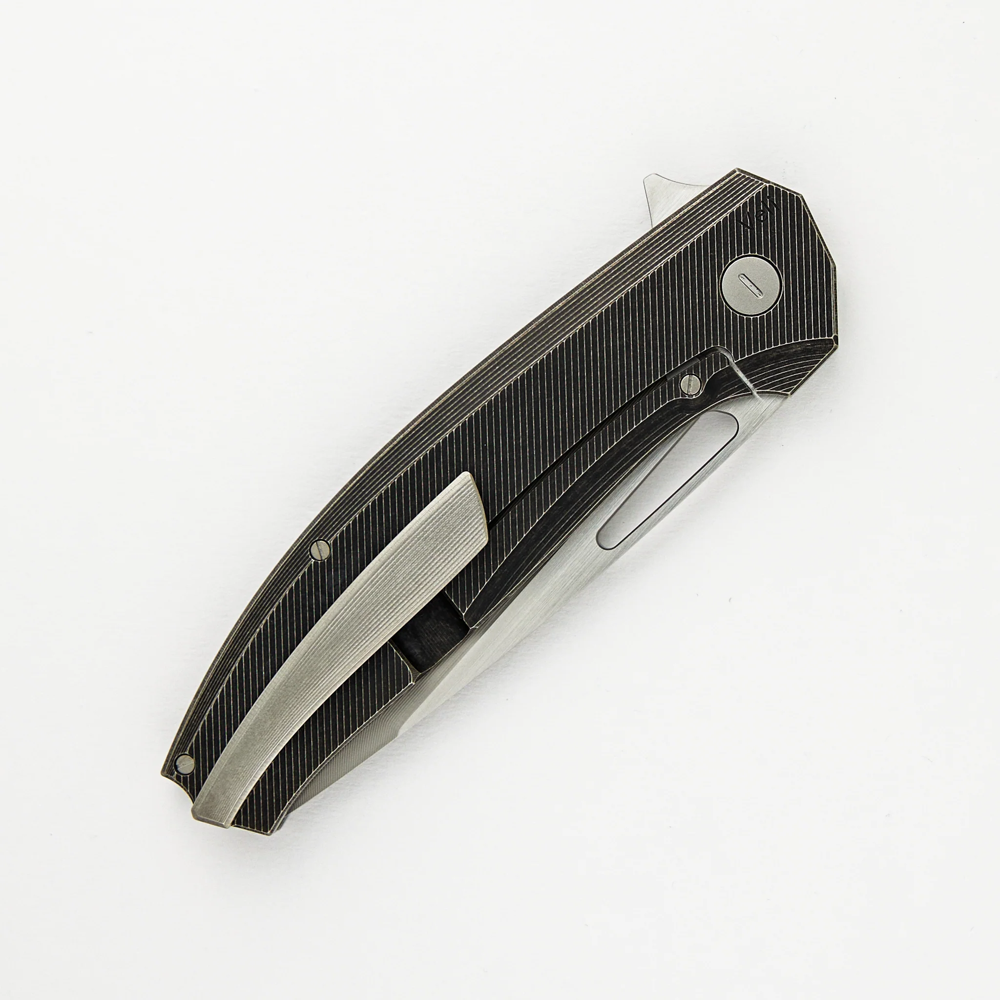 Veli – Dark Stonewashed Textured Titanium Handle – RWL-34 Blade – Blasted Titanium Hardware - Image 4