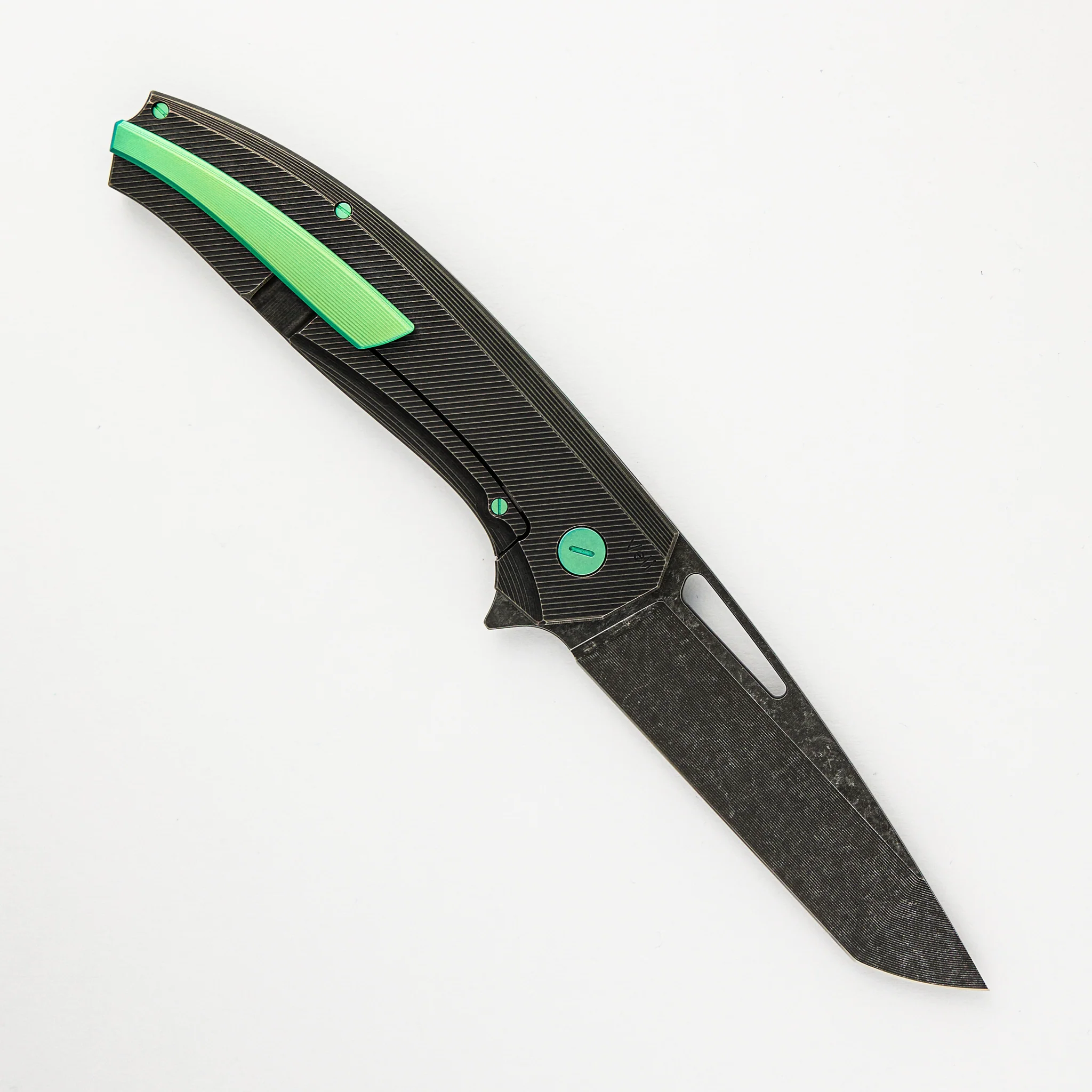 Veli – Dark Stonewashed Textured Titanium Handle – RWL-34 Blade – Green Titanium Hardware - Image 2