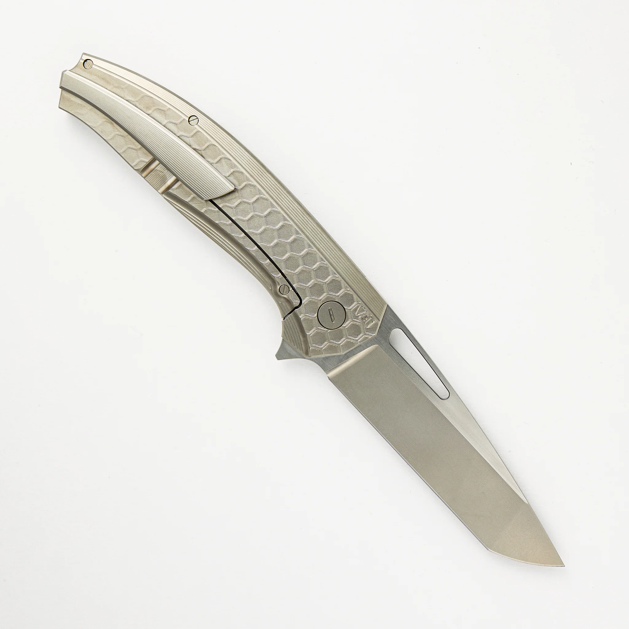 Veli – Fade Honeycomb Textured Titanium Handle – RWL-34 Blade – Blasted Titanium Hardware - Image 2