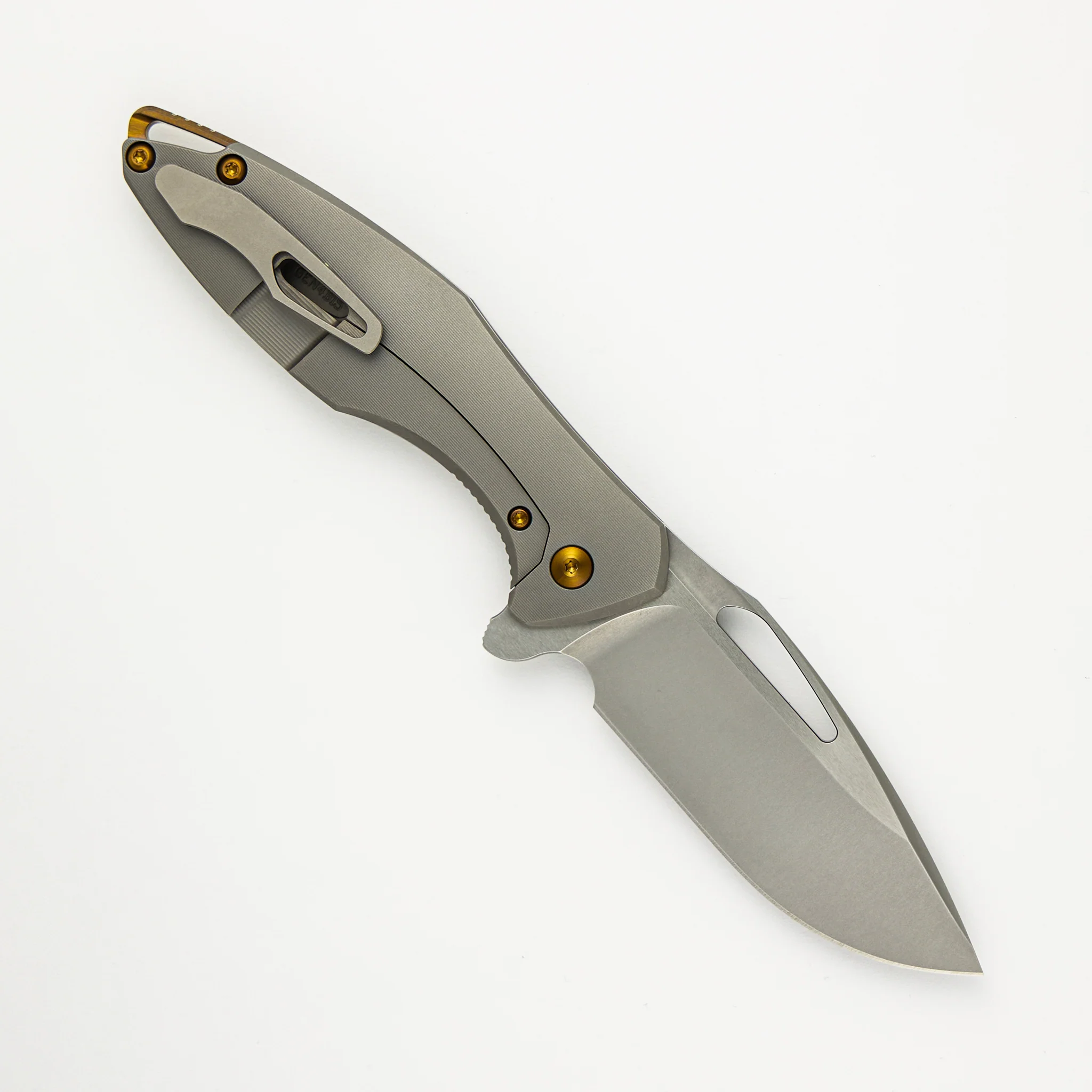Arius - Pinstripe Titanium Handle - Bronze Hardware - Burnished W/ Polished Flats M390 Blade - Image 2