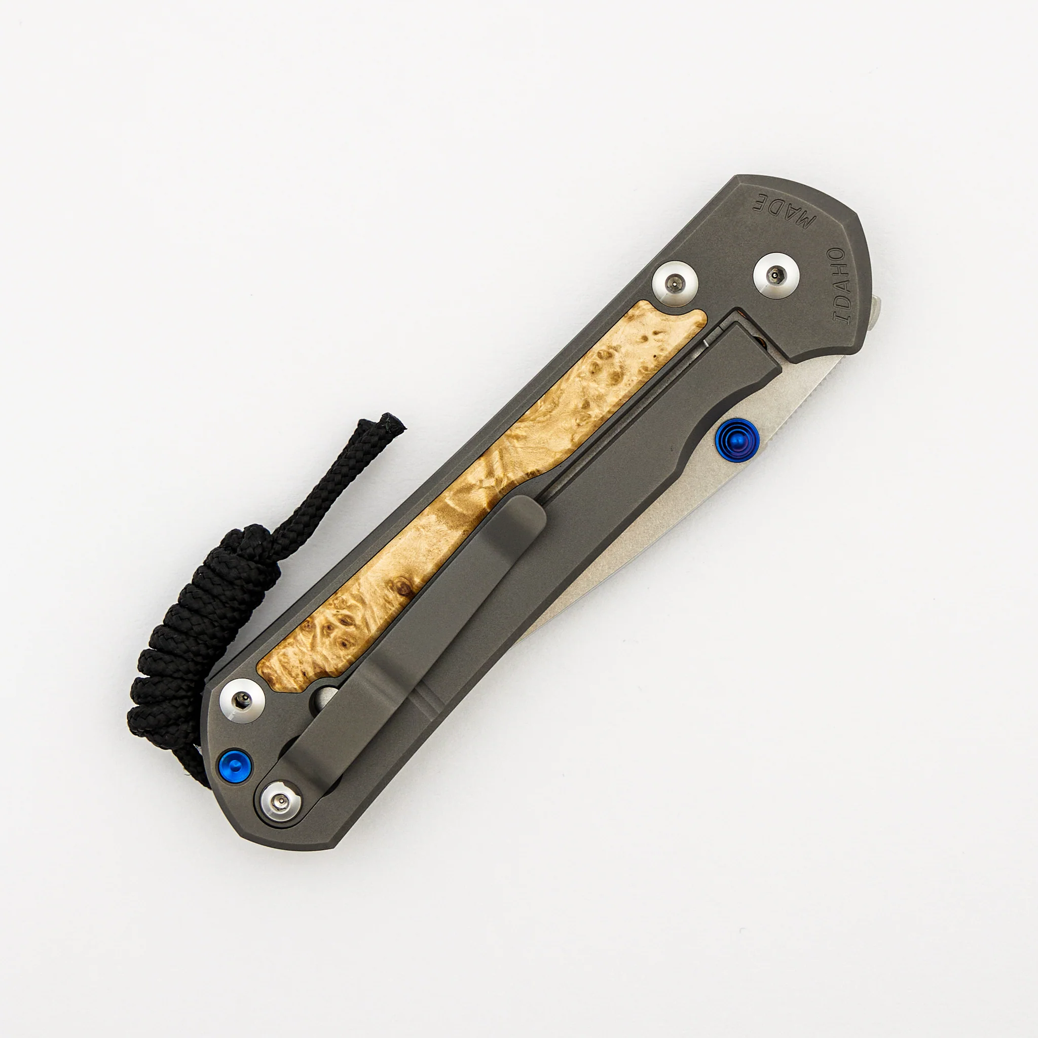 Large Sebenza 31 - Box Elder Inlay - Drop Point CPM MagnaCut Blade - Blue Double Thumb Lugs - Image 11
