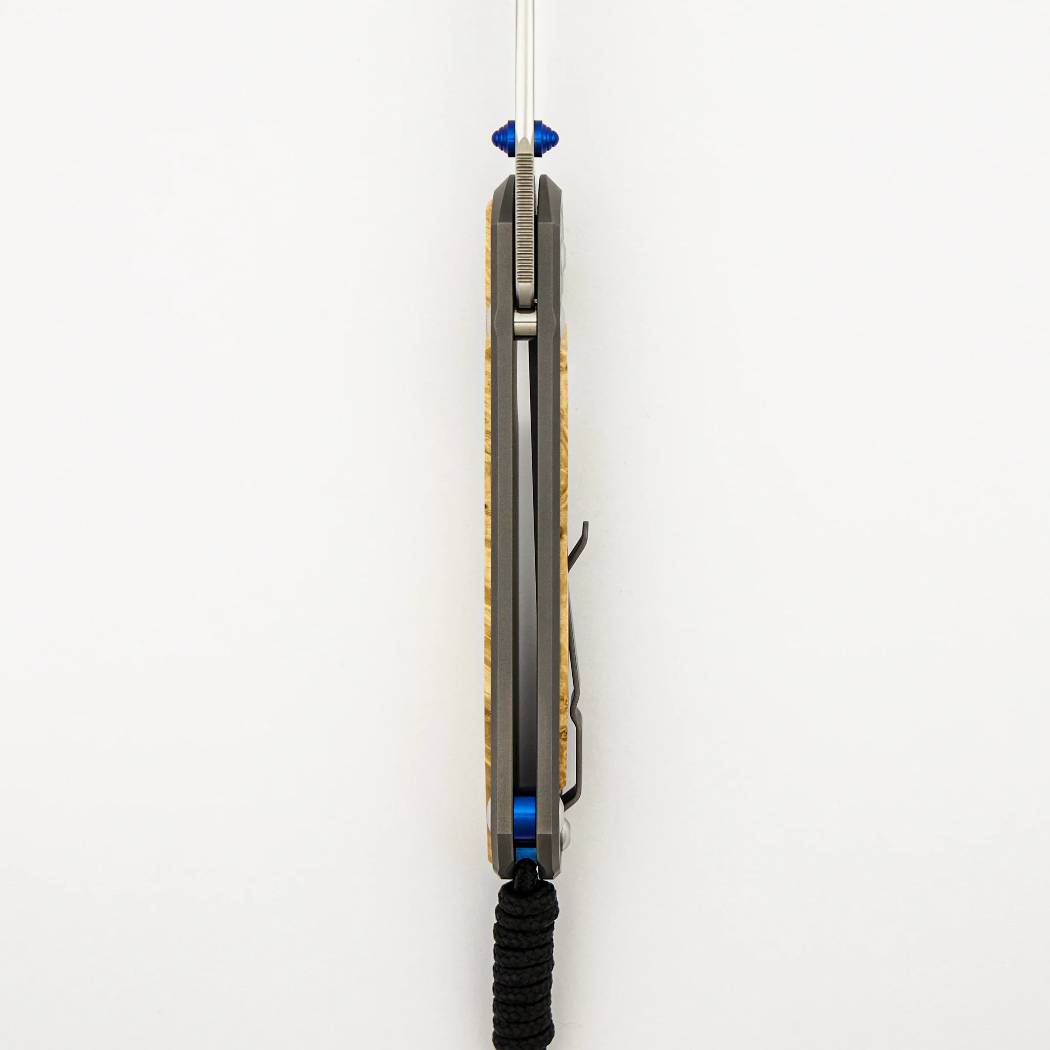 Large Sebenza 31 - Box Elder Inlay - Drop Point CPM MagnaCut Blade - Blue Double Thumb Lugs - Image 14