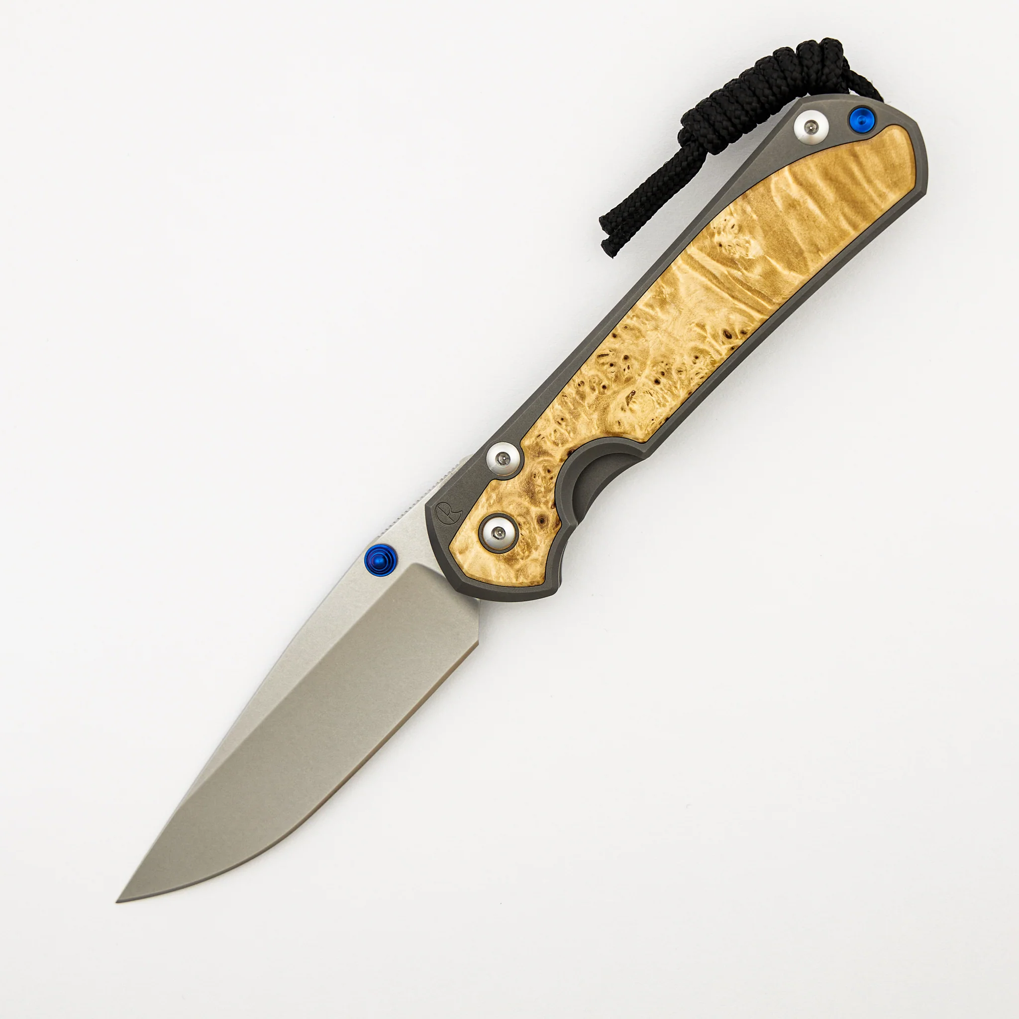 Large Sebenza 31 - Box Elder Inlay - Drop Point CPM MagnaCut Blade - Blue Double Thumb Lugs - Image 8