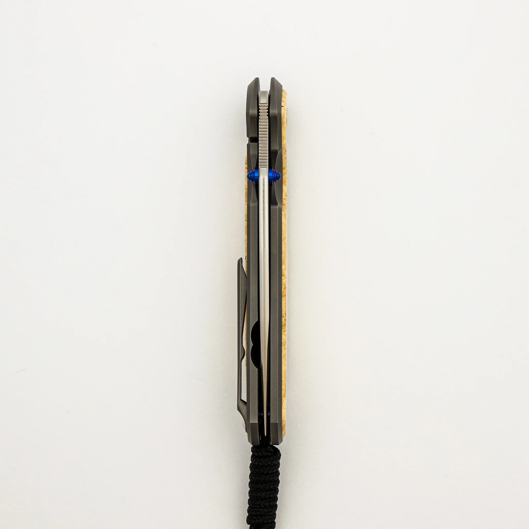 Large Sebenza 31 - Box Elder Inlay - Drop Point CPM MagnaCut Blade - MIM Clip - Blue Double Thumb Lugs - Image 12