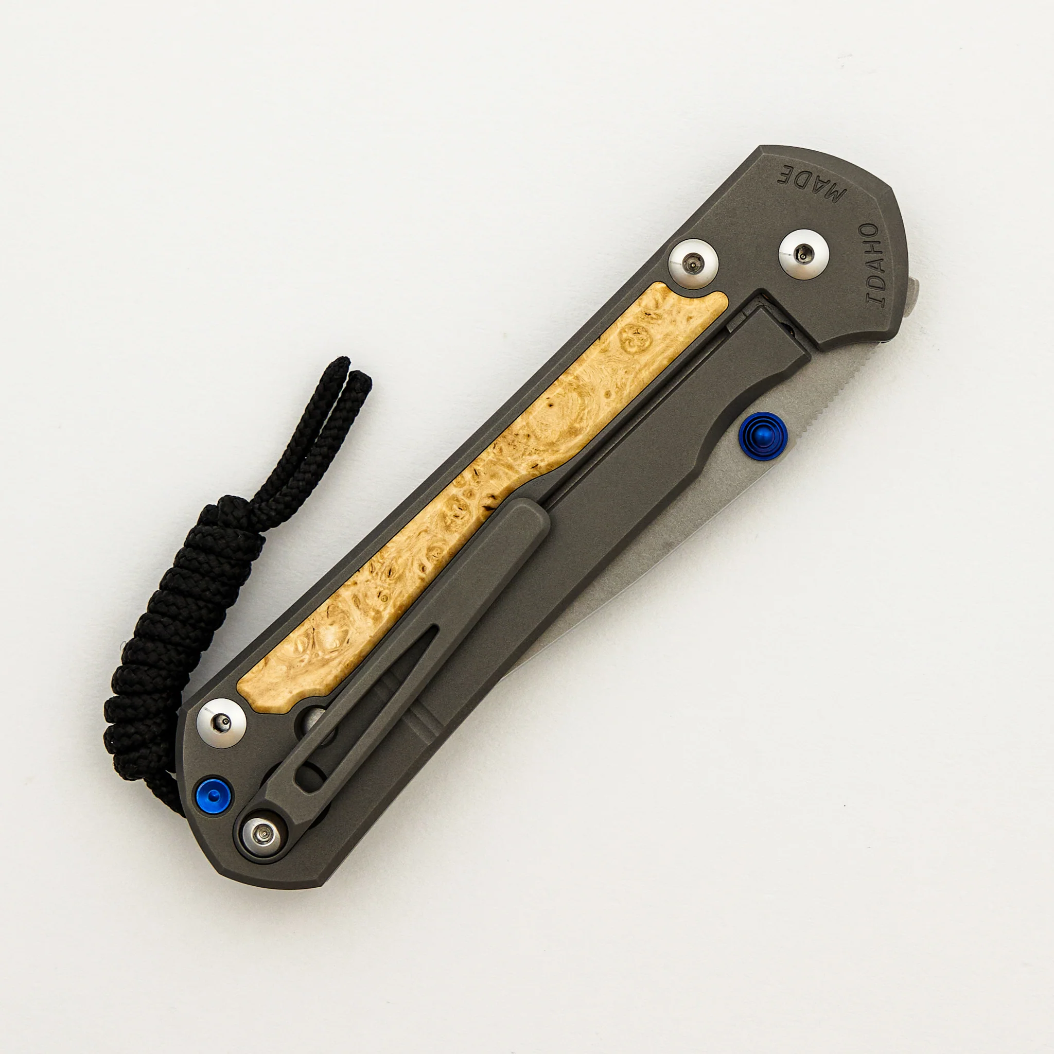 Large Sebenza 31 - Box Elder Inlay - Drop Point CPM MagnaCut Blade - MIM Clip - Blue Double Thumb Lugs - Image 32