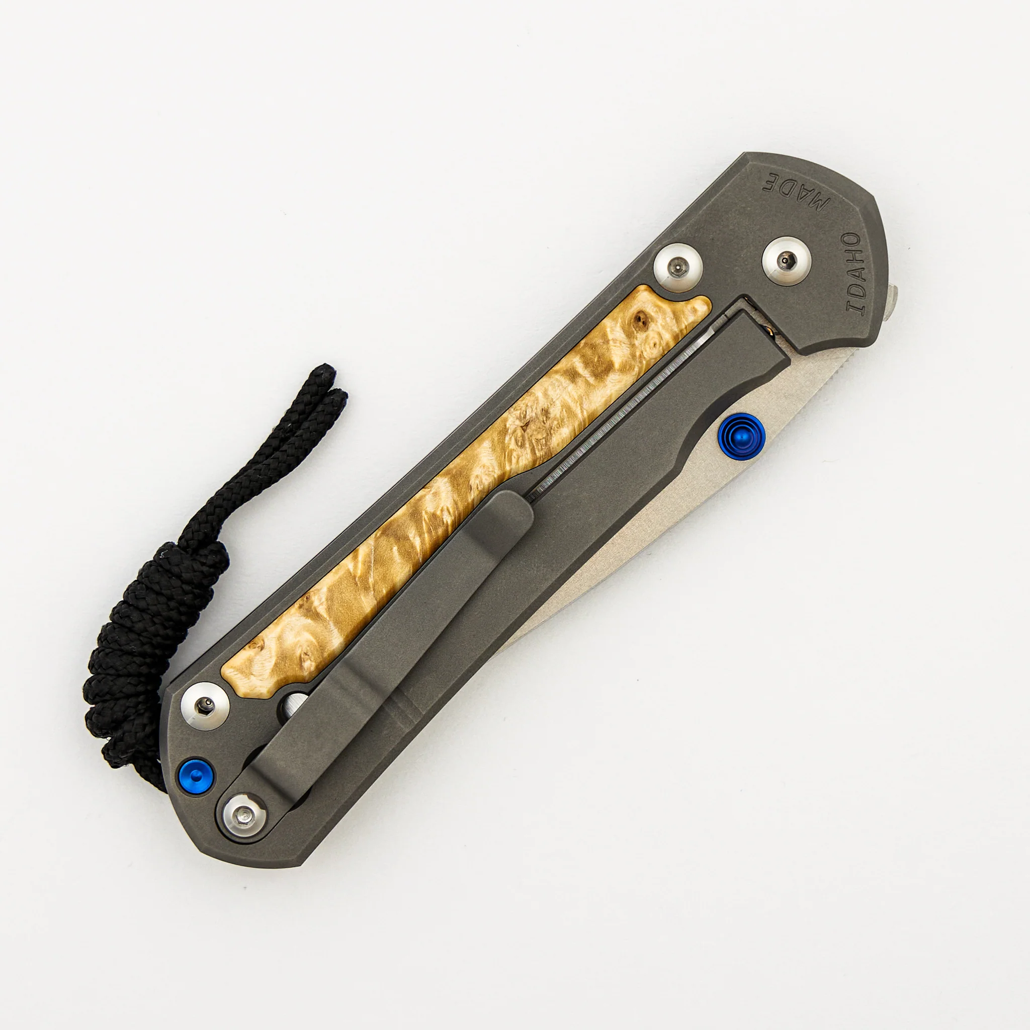 Large Sebenza 31 - Box Elder Inlay - Drop Point Polished CPM MagnaCut Blade - Blue Double Thumb Lugs - Image 11