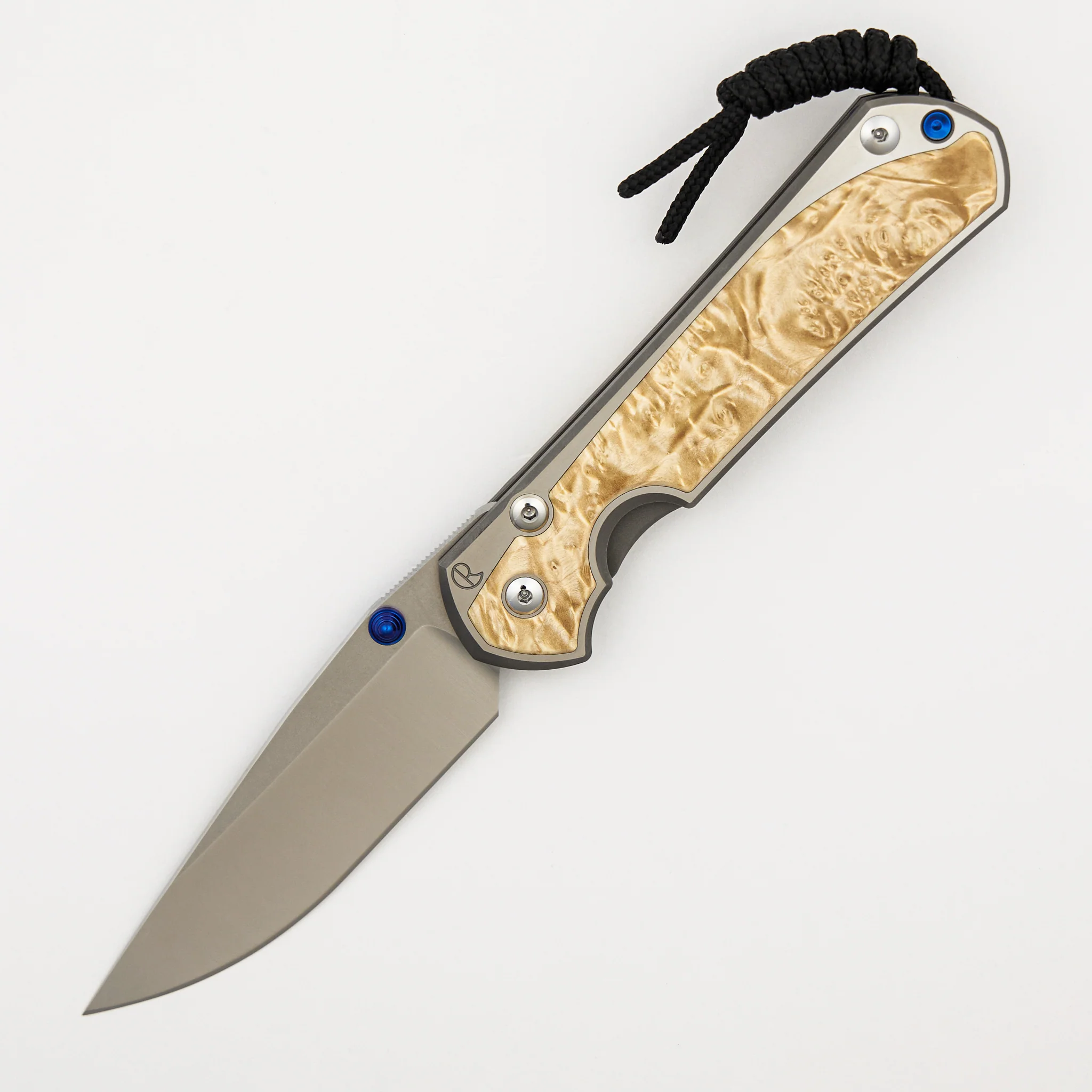 Large Sebenza 31 - Box Elder Inlay - Polished Drop Point CPM MagnaCut Blade - Blue Double Thumb Lugs - Image 15