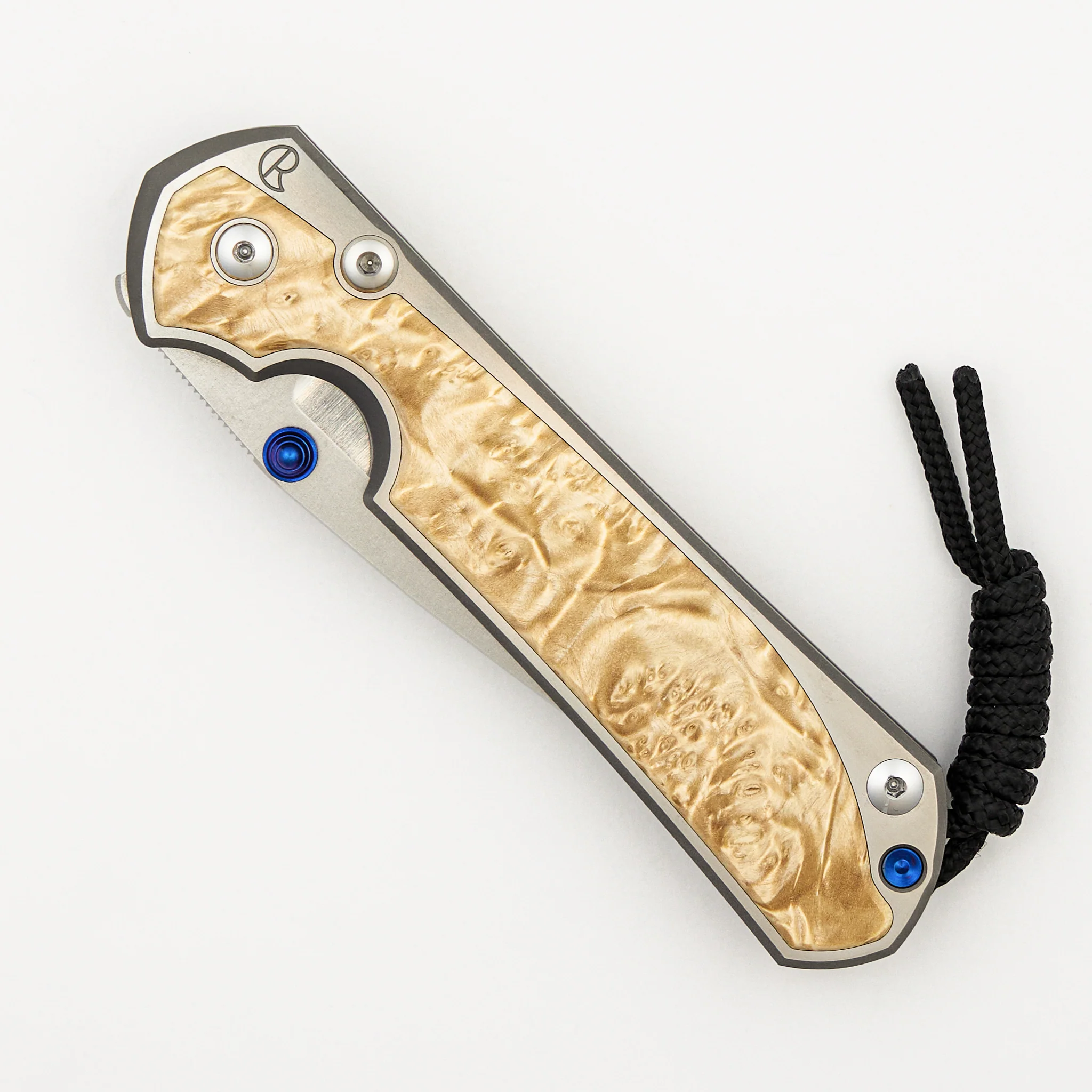 Large Sebenza 31 - Box Elder Inlay - Polished Drop Point CPM MagnaCut Blade - Blue Double Thumb Lugs - Image 17