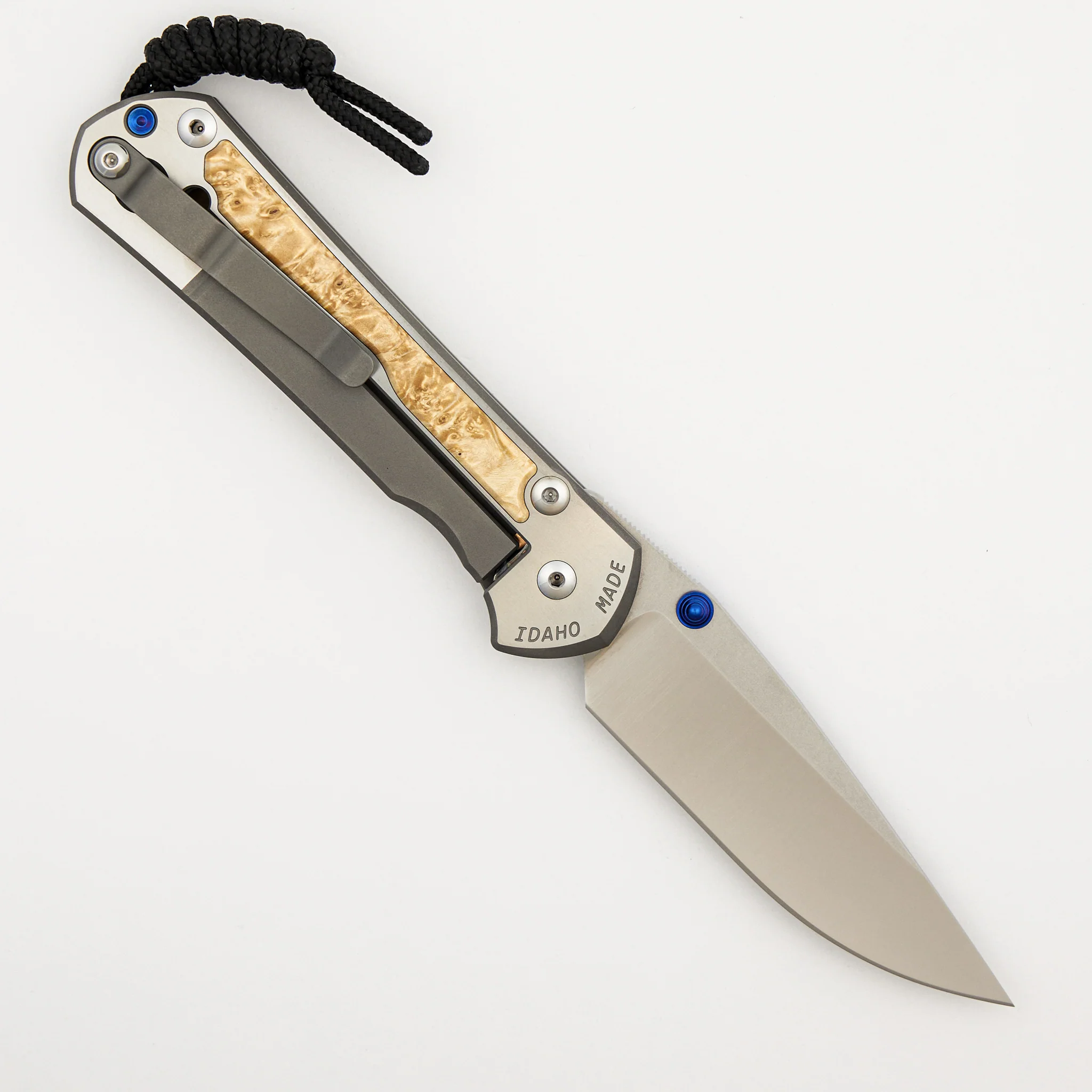 Large Sebenza 31 - Box Elder Inlay - Polished Drop Point CPM MagnaCut Blade - Blue Double Thumb Lugs - Image 2