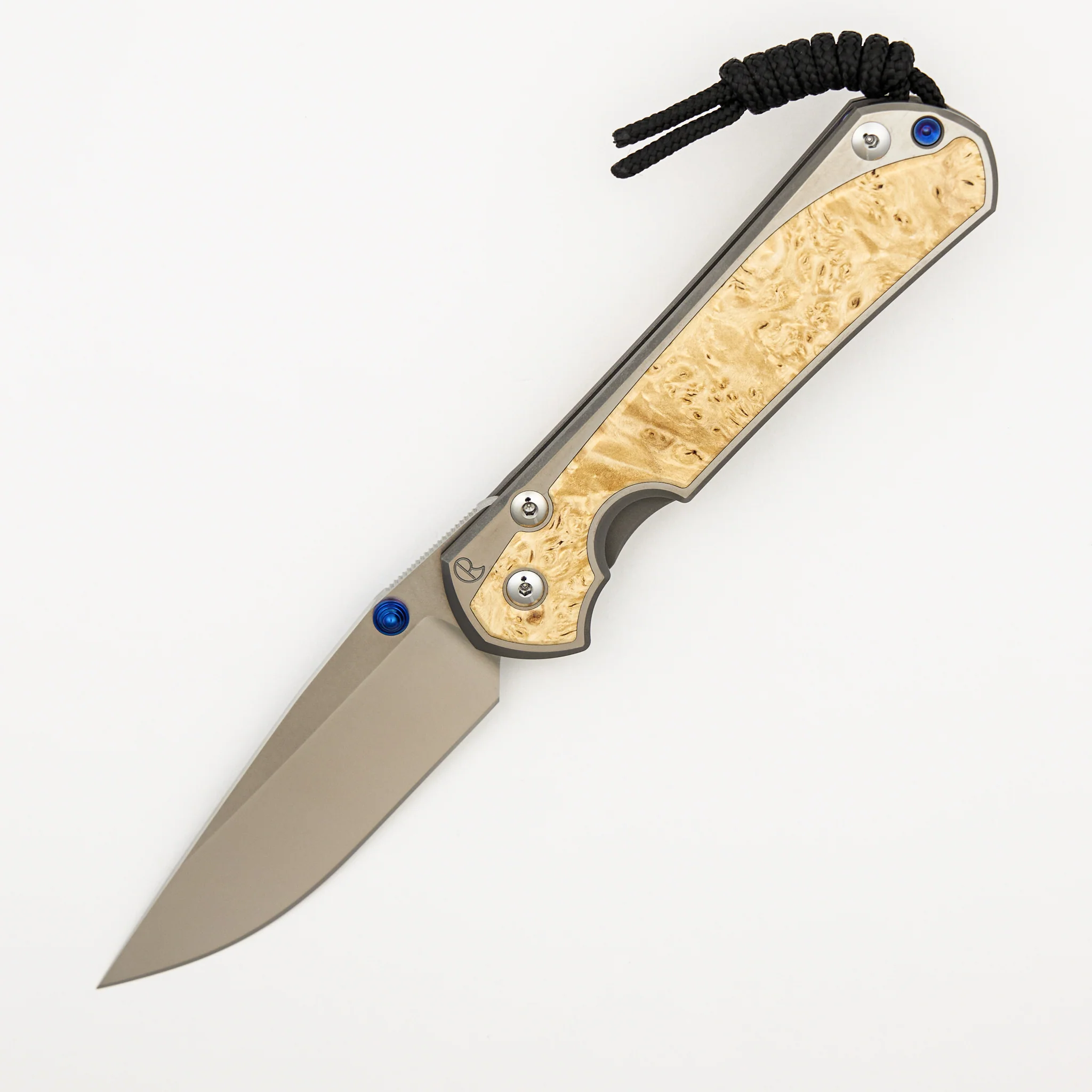 Large Sebenza 31 - Box Elder Inlay - Polished Drop Point CPM MagnaCut Blade - Blue Double Thumb Lugs - Image 22