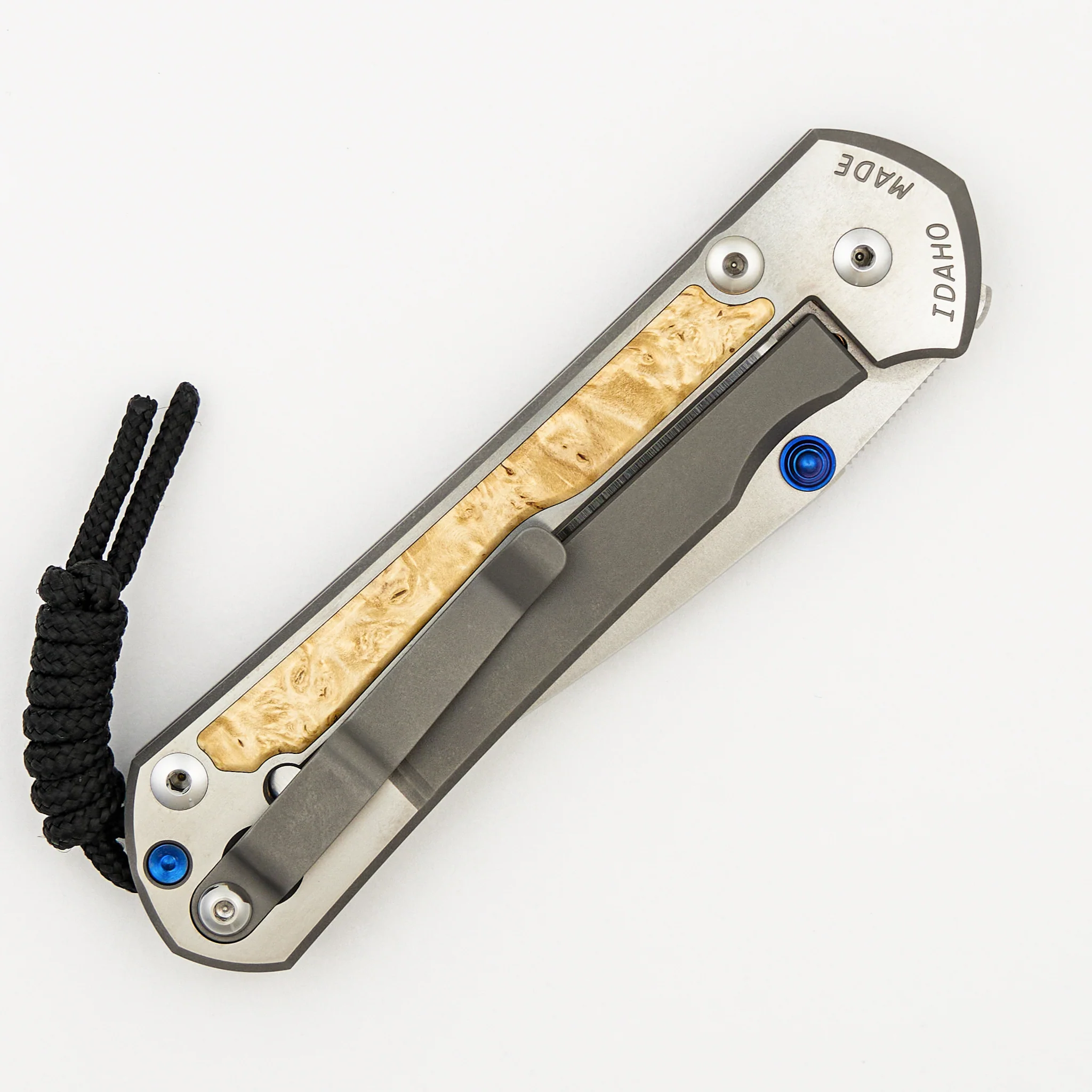 Large Sebenza 31 - Box Elder Inlay - Polished Drop Point CPM MagnaCut Blade - Blue Double Thumb Lugs - Image 25