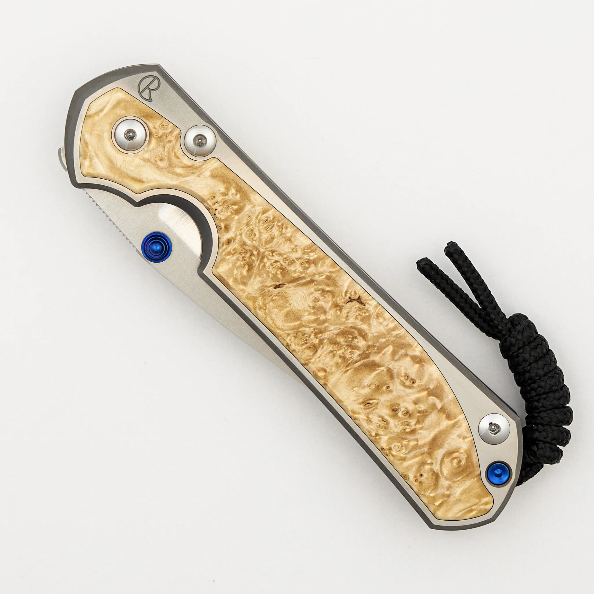 Large Sebenza 31 - Box Elder Inlay - Polished Drop Point CPM MagnaCut Blade - Blue Double Thumb Lugs - Image 3
