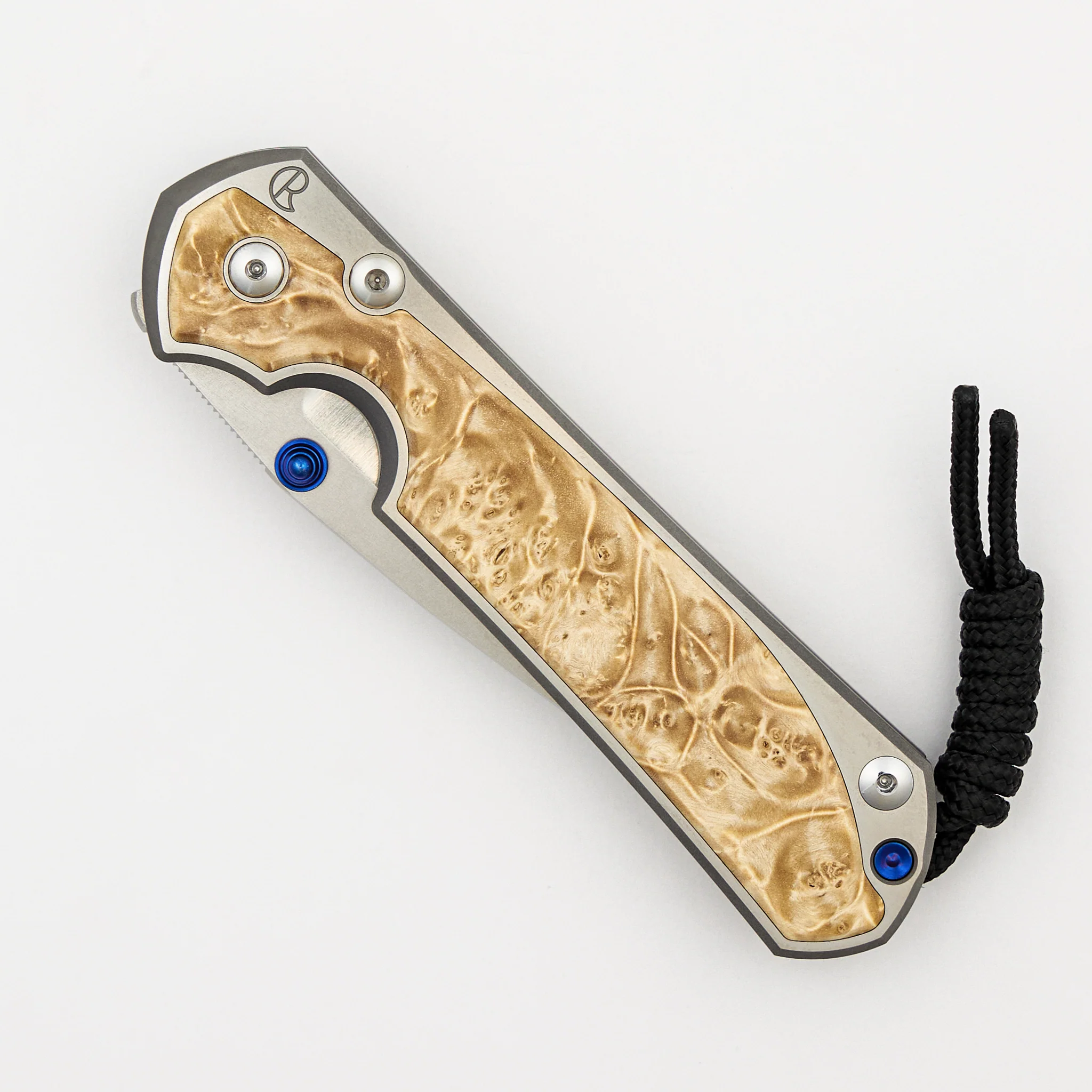Large Sebenza 31 - Box Elder Inlay - Polished Drop Point CPM MagnaCut Blade - Blue Double Thumb Lugs - Image 31