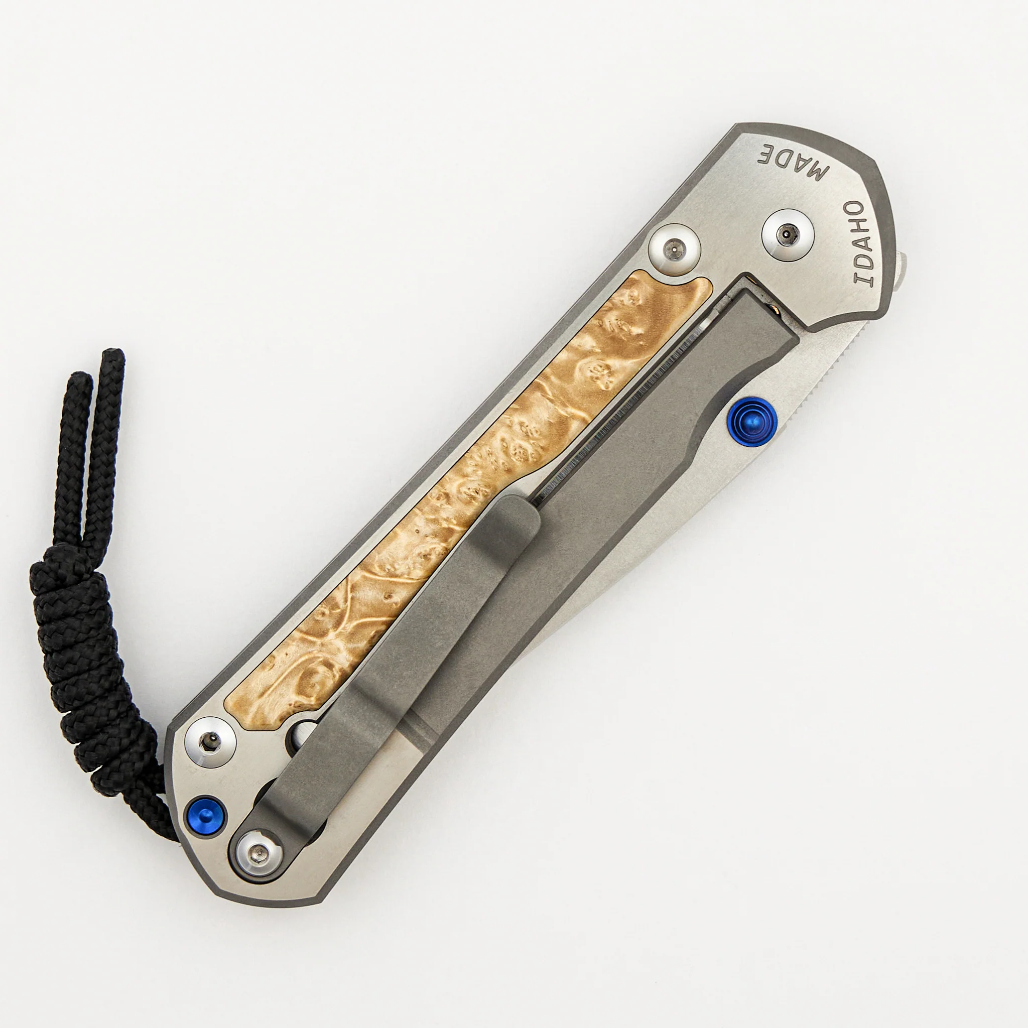 Large Sebenza 31 - Box Elder Inlay - Polished Drop Point CPM MagnaCut Blade - Blue Double Thumb Lugs - Image 32