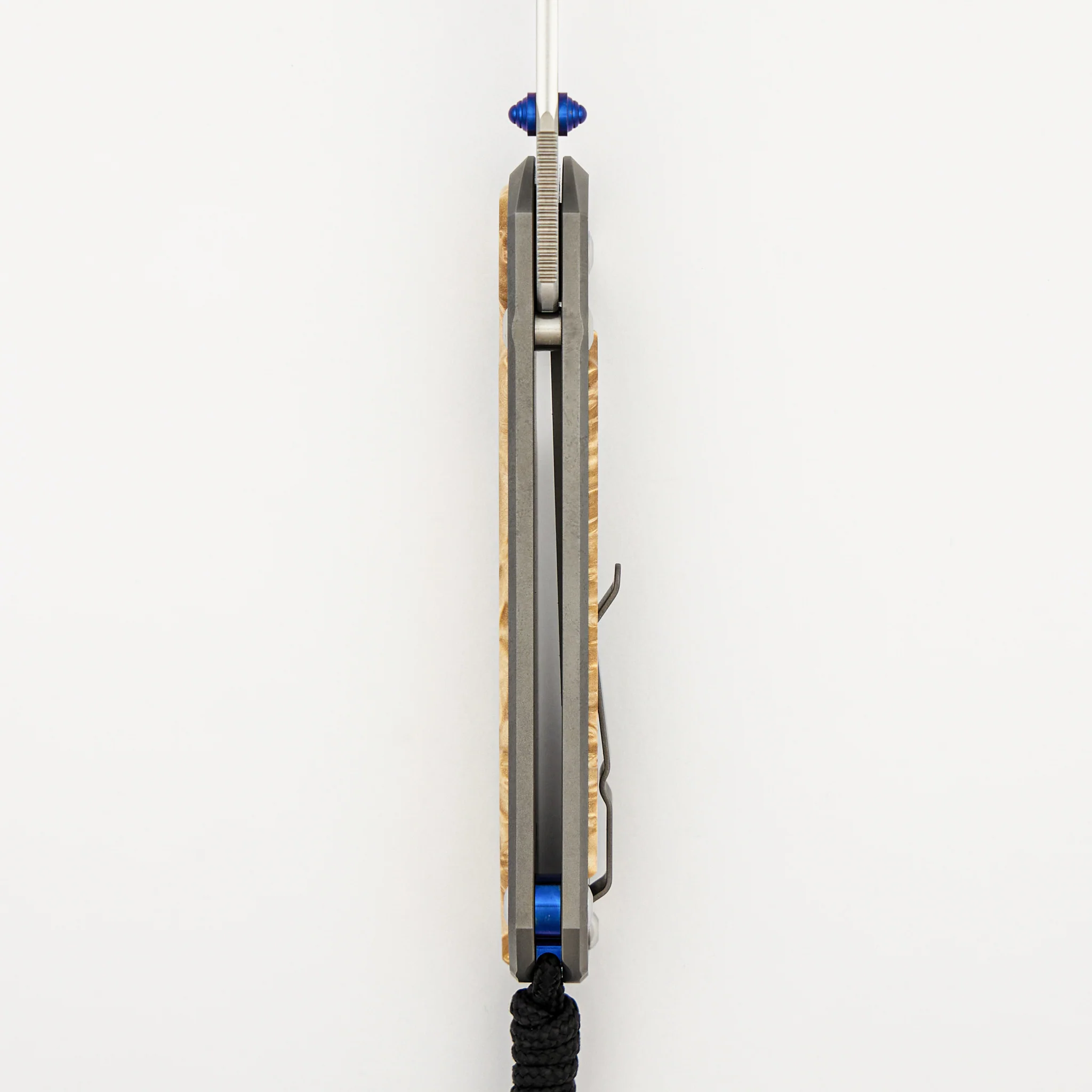 Large Sebenza 31 - Box Elder Inlay - Polished Drop Point CPM MagnaCut Blade - Blue Double Thumb Lugs - Image 35