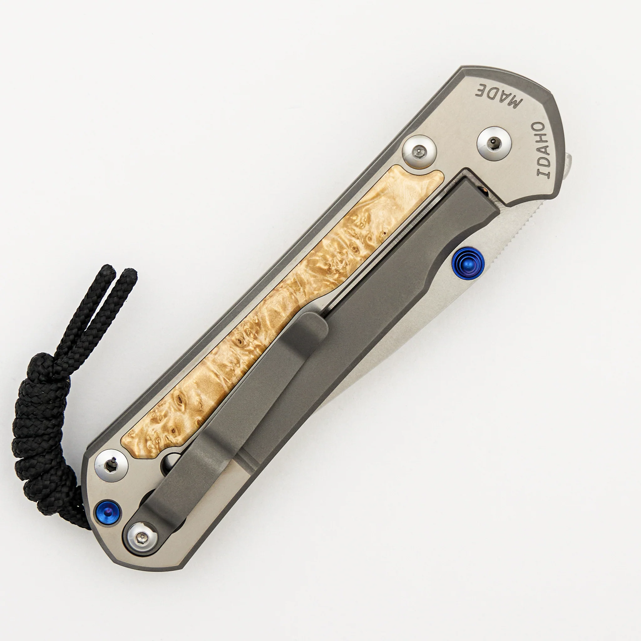 Large Sebenza 31 - Box Elder Inlay - Polished Drop Point CPM MagnaCut Blade - Blue Double Thumb Lugs - Image 4