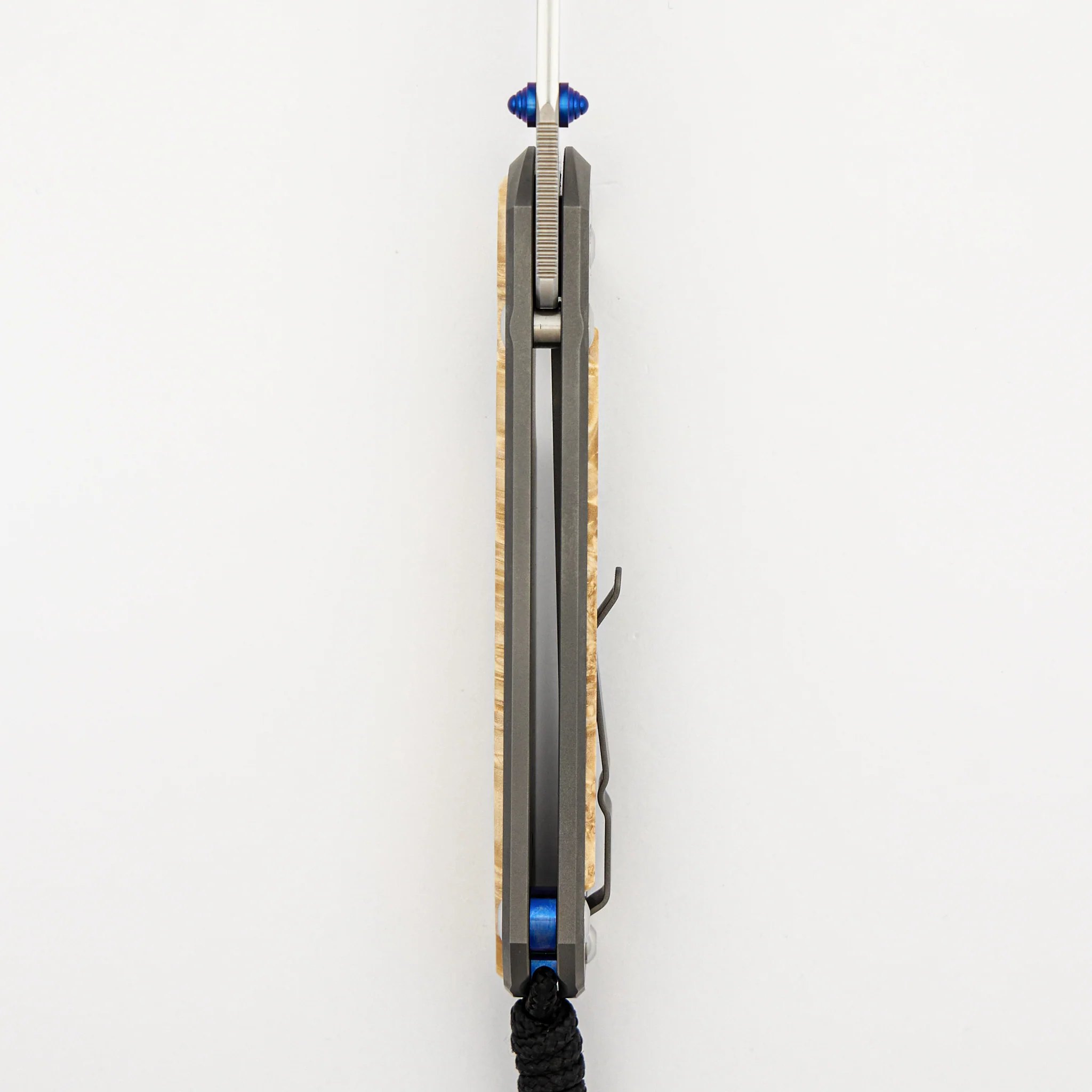 Large Sebenza 31 - Box Elder Inlay - Polished Drop Point CPM MagnaCut Blade - Blue Double Thumb Lugs - Image 7