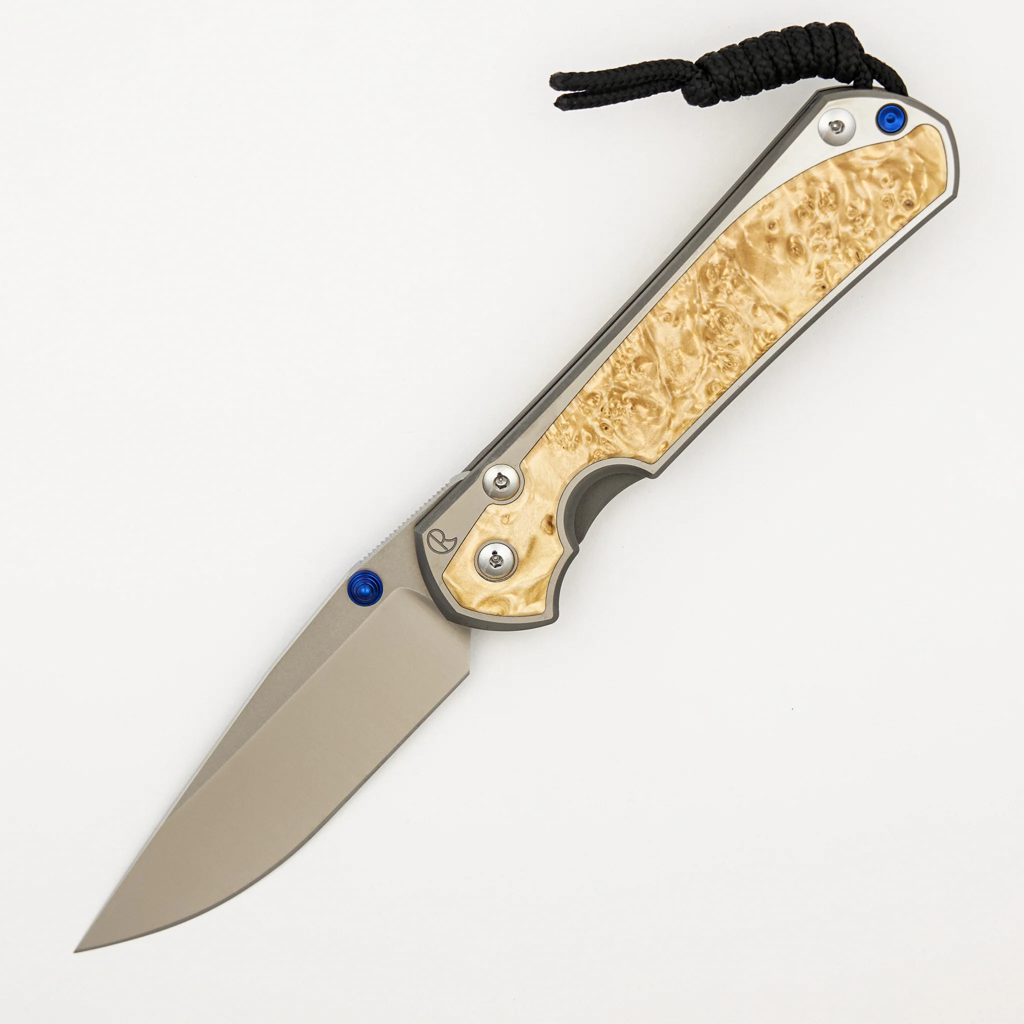 Large Sebenza 31 - Box Elder Inlay - Polished Drop Point CPM MagnaCut Blade - Blue Double Thumb Lugs - Image 8