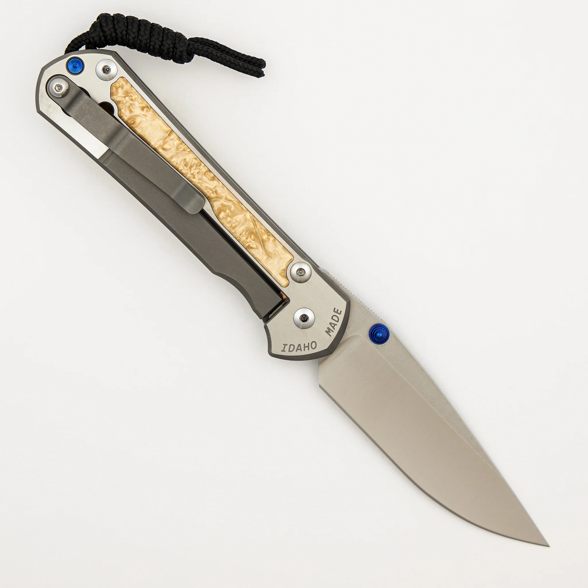 Large Sebenza 31 - Box Elder Inlay - Polished Drop Point CPM MagnaCut Blade - Blue Double Thumb Lugs - Image 9