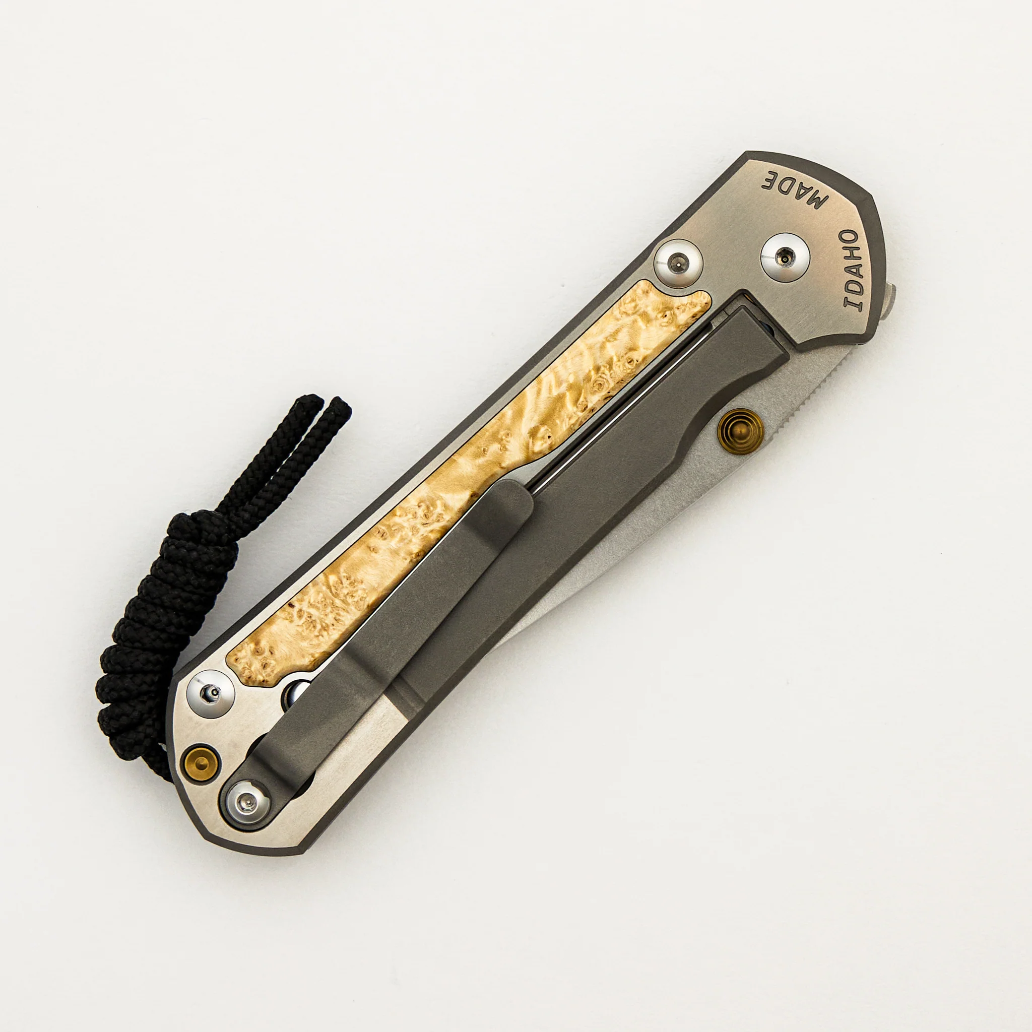 Large Sebenza 31 - Box Elder Inlay - Polished Drop Point CPM MagnaCut Blade - Gold Double Thumb Lugs - Image 4