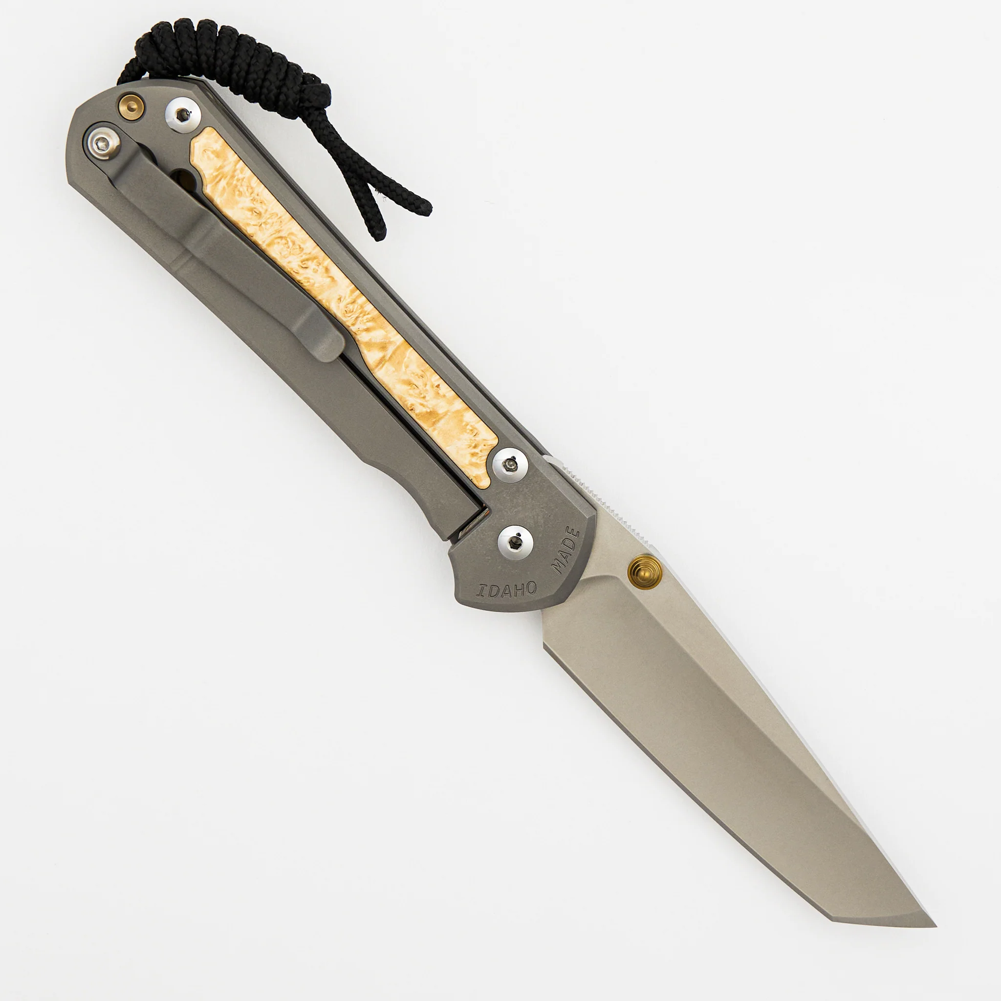 Large Sebenza 31 - Box Elder Inlay - Tanto CPM MagnaCut Blade - Gold Double Thumb Lugs - Image 16