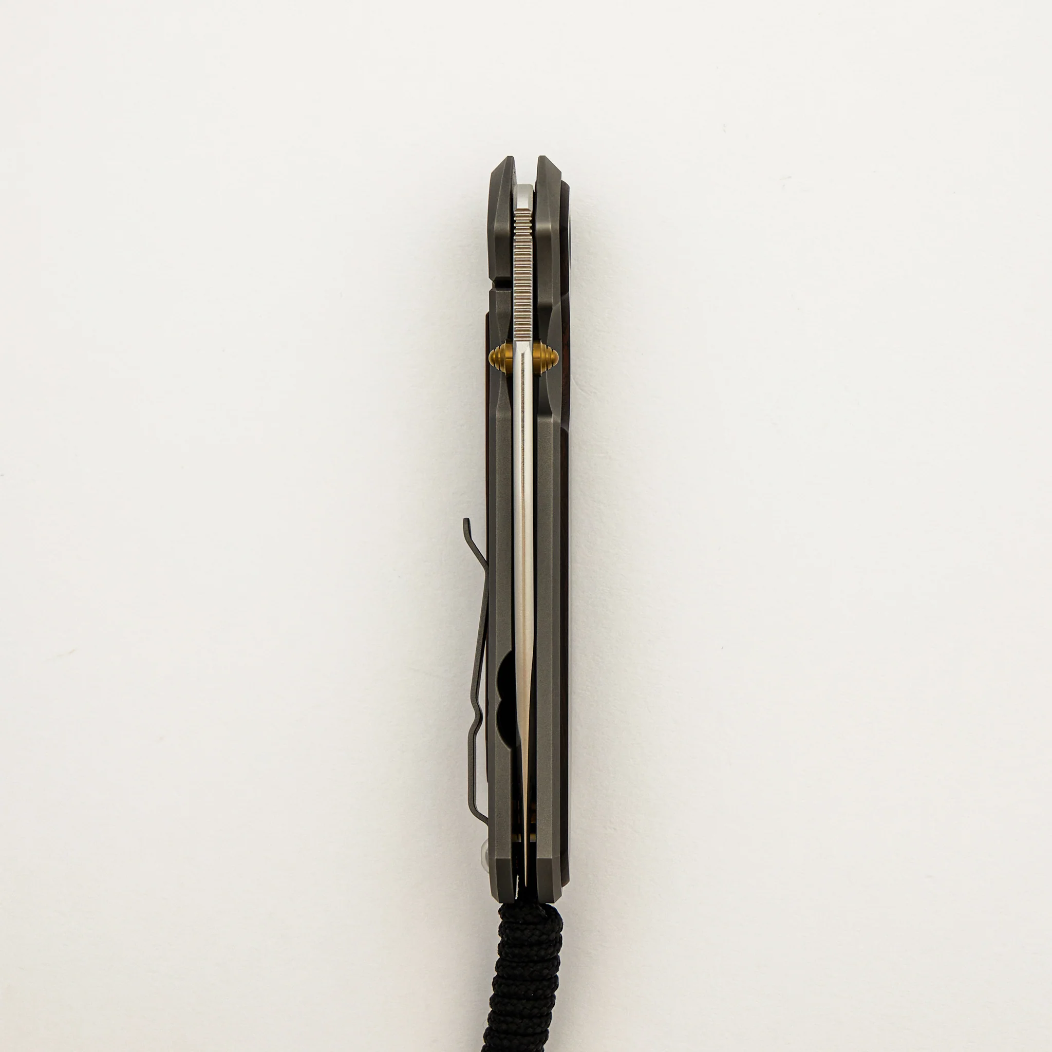 Large Sebenza 31 - Macassar Ebony Inlay - Drop Point Polished CPM MagnaCut Blade - Gold Double Thumb Lugs - Image 26