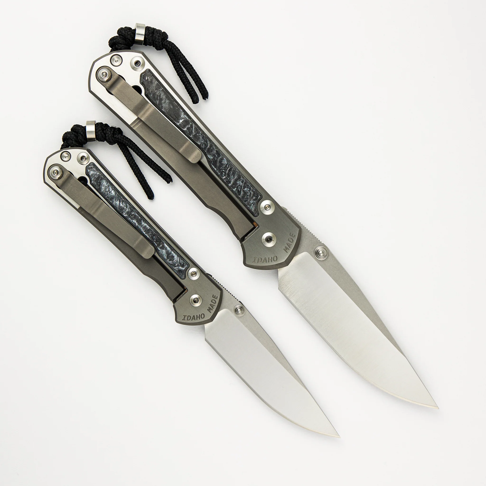 Large & Small Sebenza 31 Numbered Matched Set - White CarboTi Inlay - Polished Drop Point CPM MagnaCut Blade - Silver Double Lugs - Image 2
