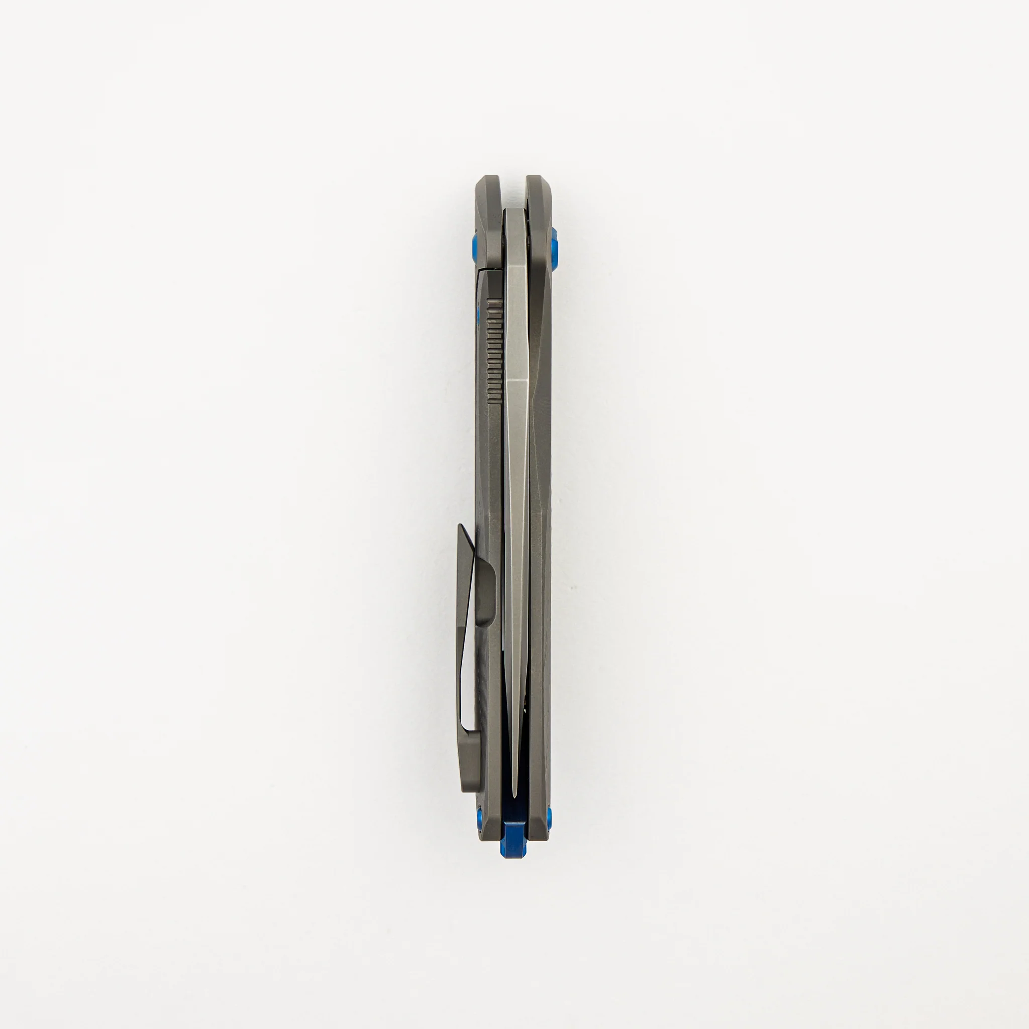 Mini Arius - Non Flipper - Patterned Titanium Handle - Blue Hardware - Burnished W/ Polished Flats M390 Blade - Image 5