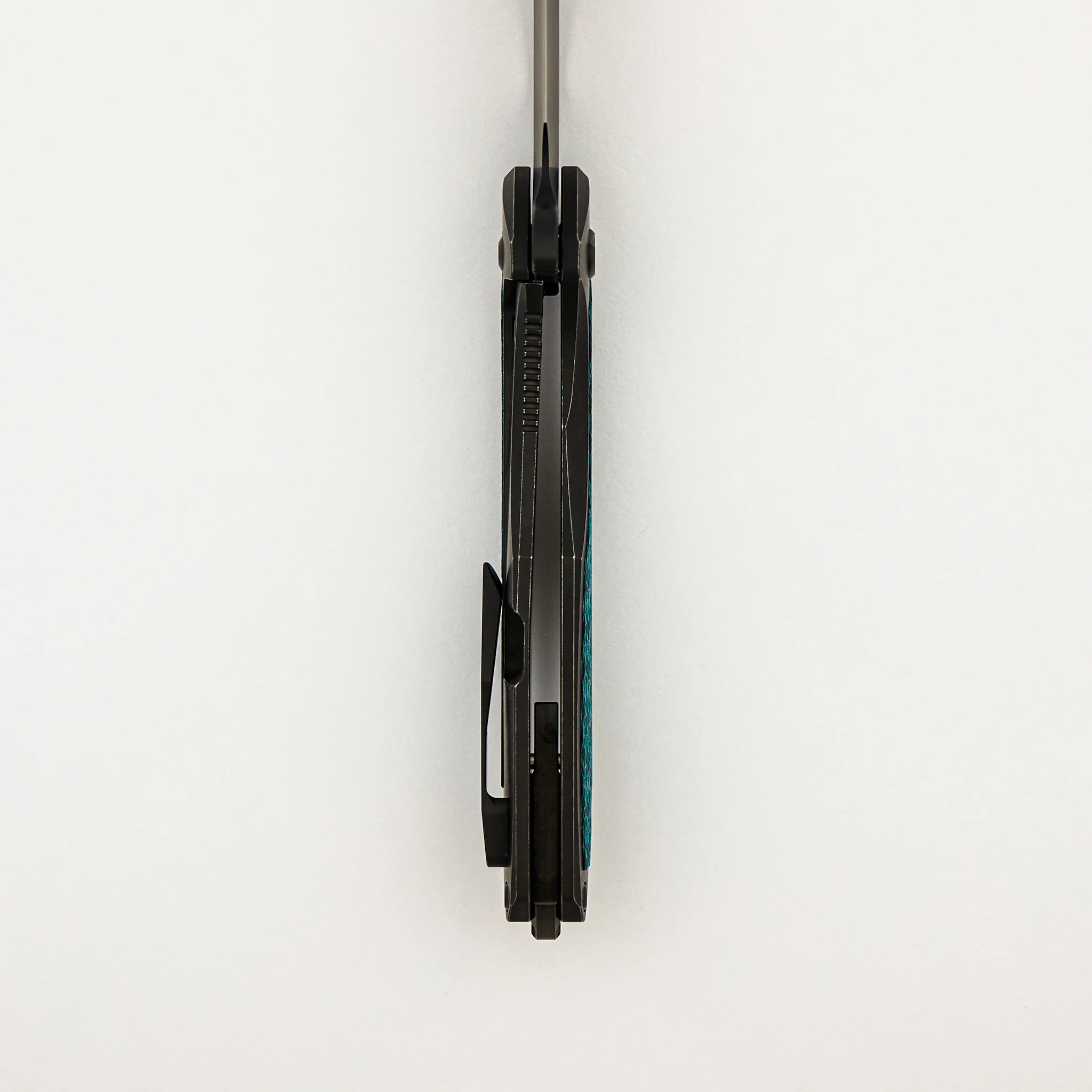 Mini Arius - Smooth Black Titanium Handle - Aqua Teal Twill Inlay - Black Hardware - Matte DLC M390 Blade - Image 6