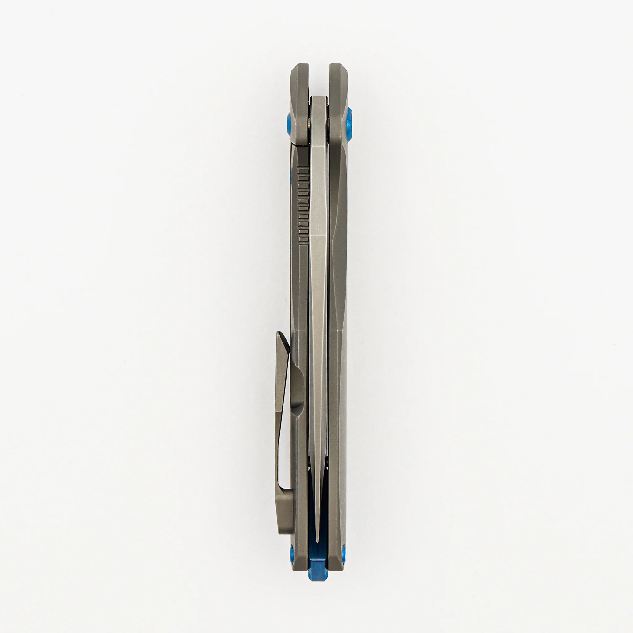 Mini Arius - Smooth Titanium Handle - Blue Hardware -  Burnished W/ Polished Flats M390 Blade - Image 5