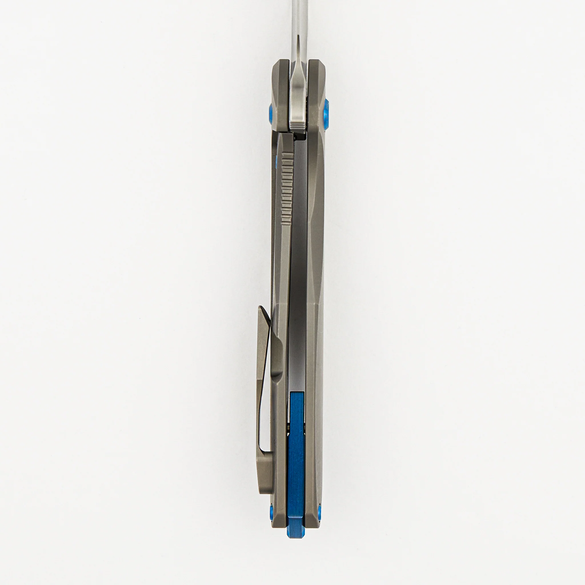 Mini Arius - Smooth Titanium Handle - Blue Hardware -  Burnished W/ Polished Flats M390 Blade - Image 6