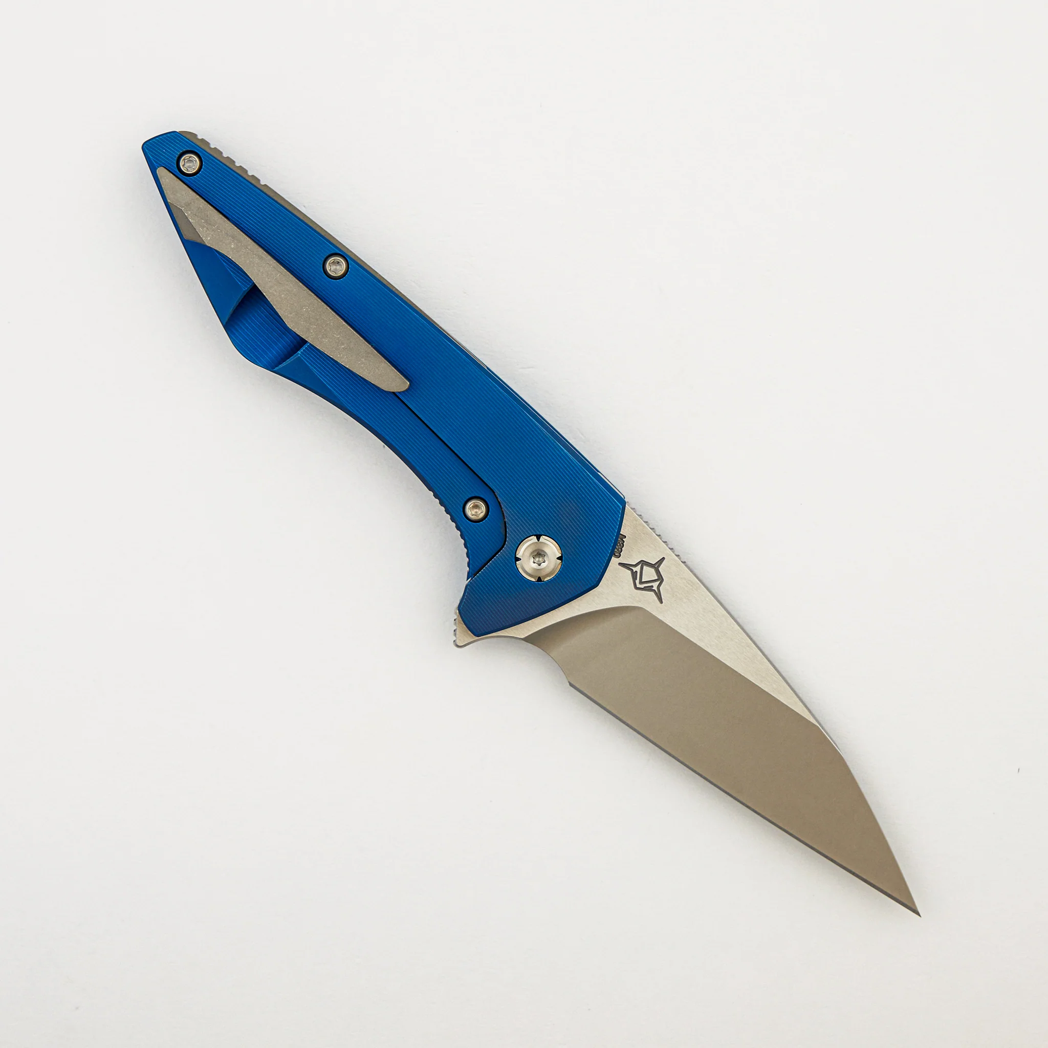 Mini Goblin - Blue Smooth Titanium Handle - Silver Hardware - Brightwashed w/ Polished Flats M390 Blade - Image 2