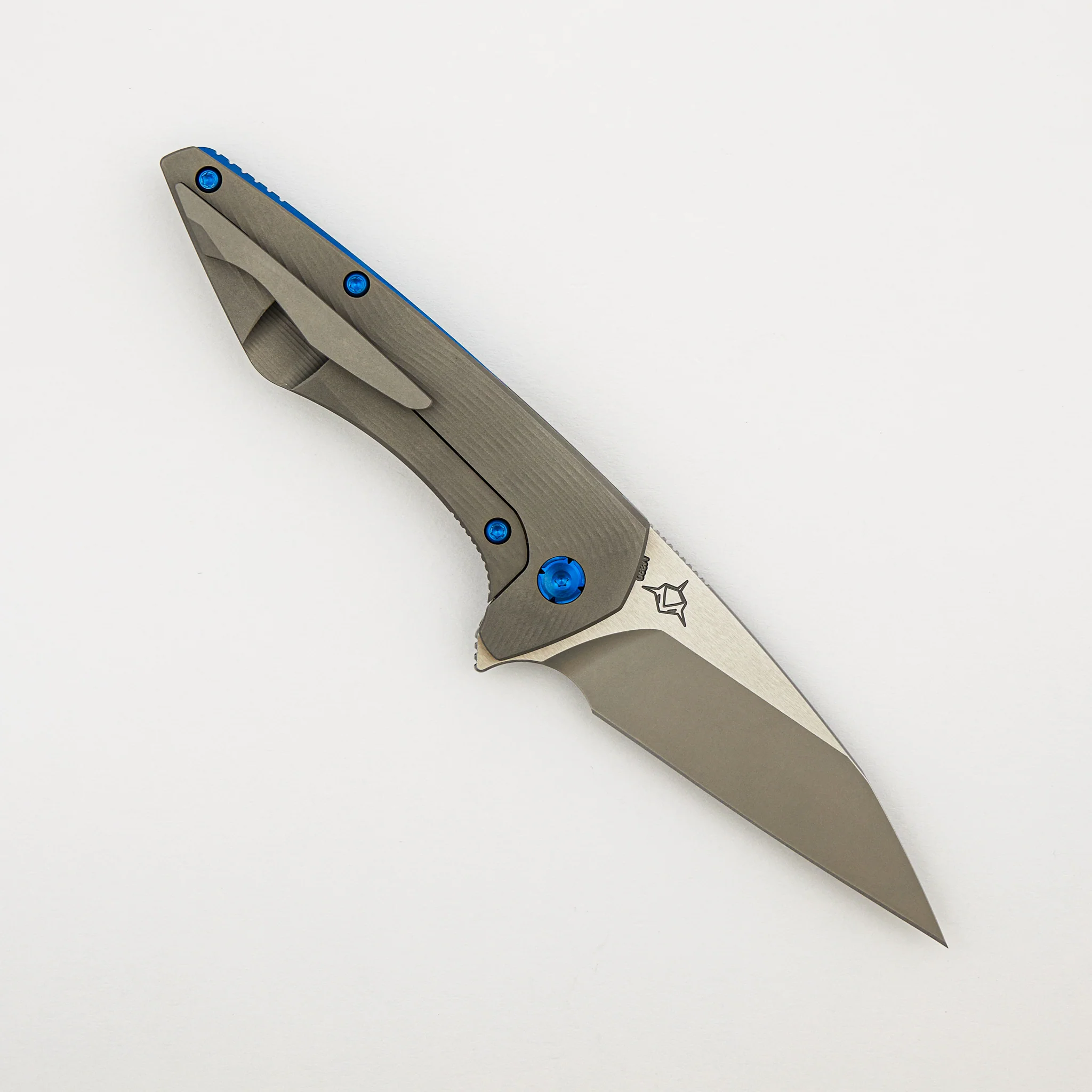 Mini Goblin - Sea Pattern Titanium Handle - Blue Hardware - Brightwashed w/ Polished Flats M390 Blade - Image 2