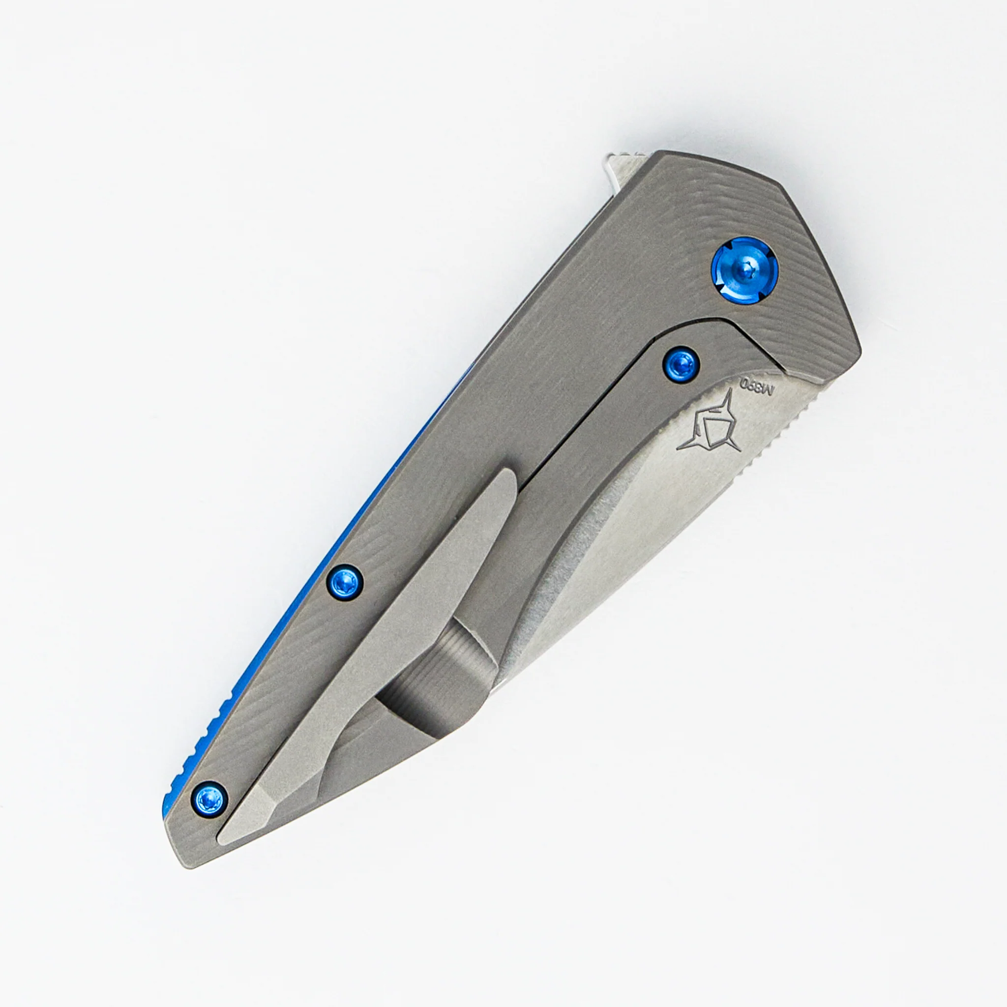 Mini Goblin - Sea Pattern Titanium Handle - Blue Hardware - Burnished W/ Polished Flats M390 Blade - Image 4