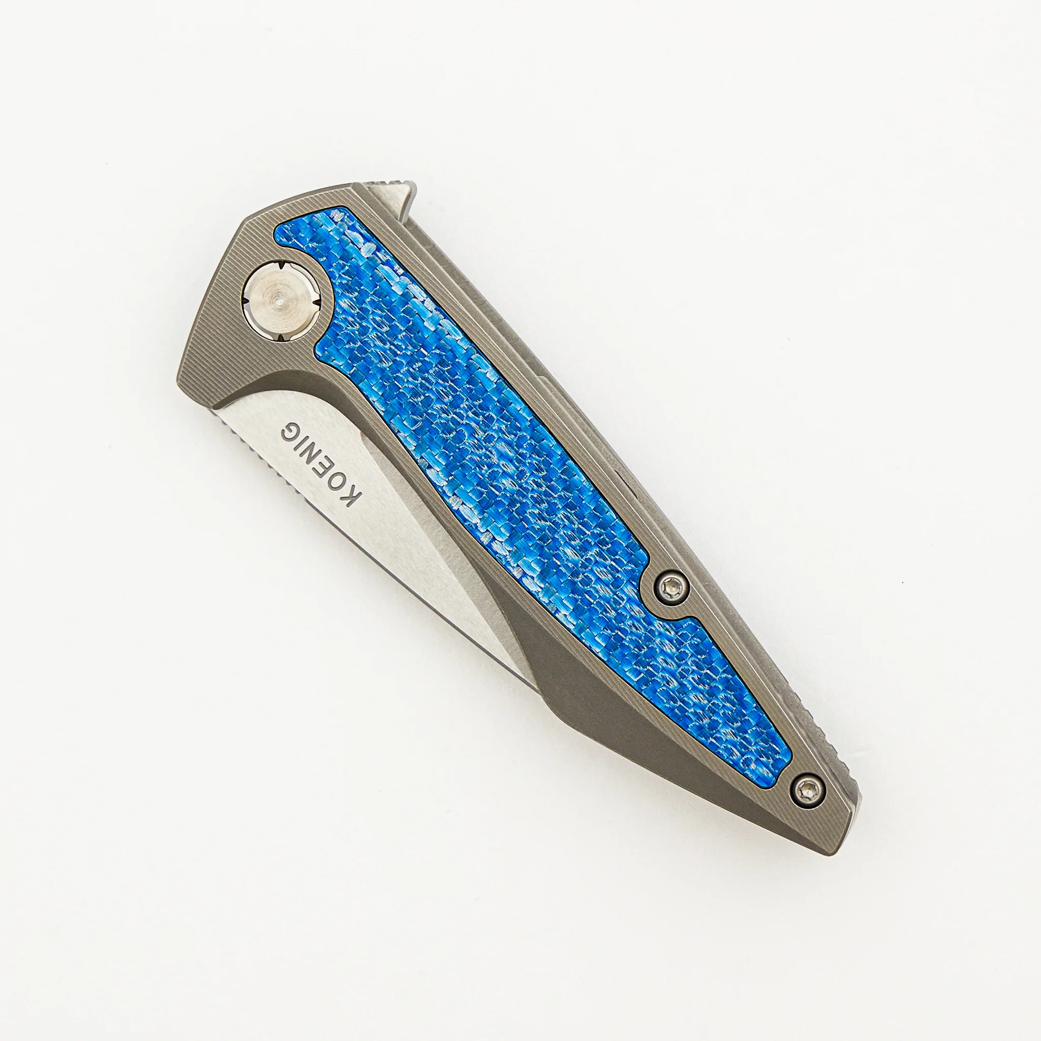 Mini Goblin - Smooth Titanium W/ Blue Twill Inlay Handle - Silver Hardware - Burnished W/ Polished Flats M390 Blade - Image 3