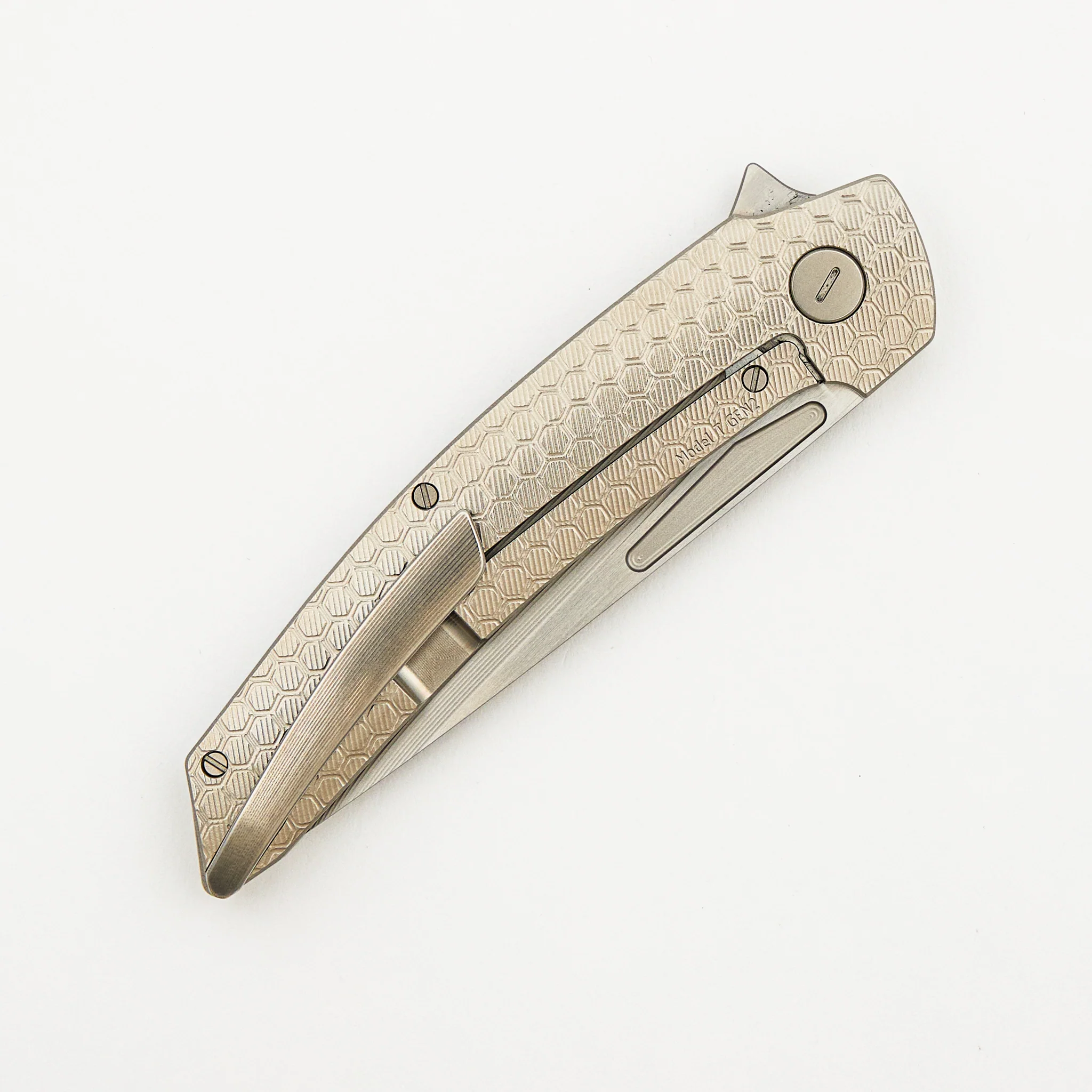 Model T Gen. 2 - Titanium Handle W/ Honeycomb Milling - RWL-34 Blade - Silver Accents - Image 4